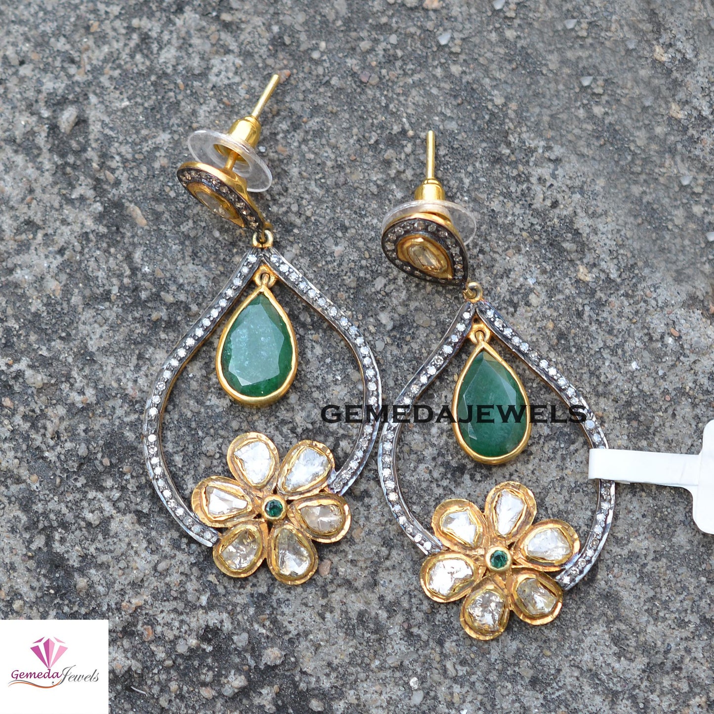 Gorgeous Emerald Earrings, Polki Diamond Flower Earring, Pave Diamond Jewelry, 925 Silver Earrings, Gold Vermeil Jewelry, Women's Jewelry