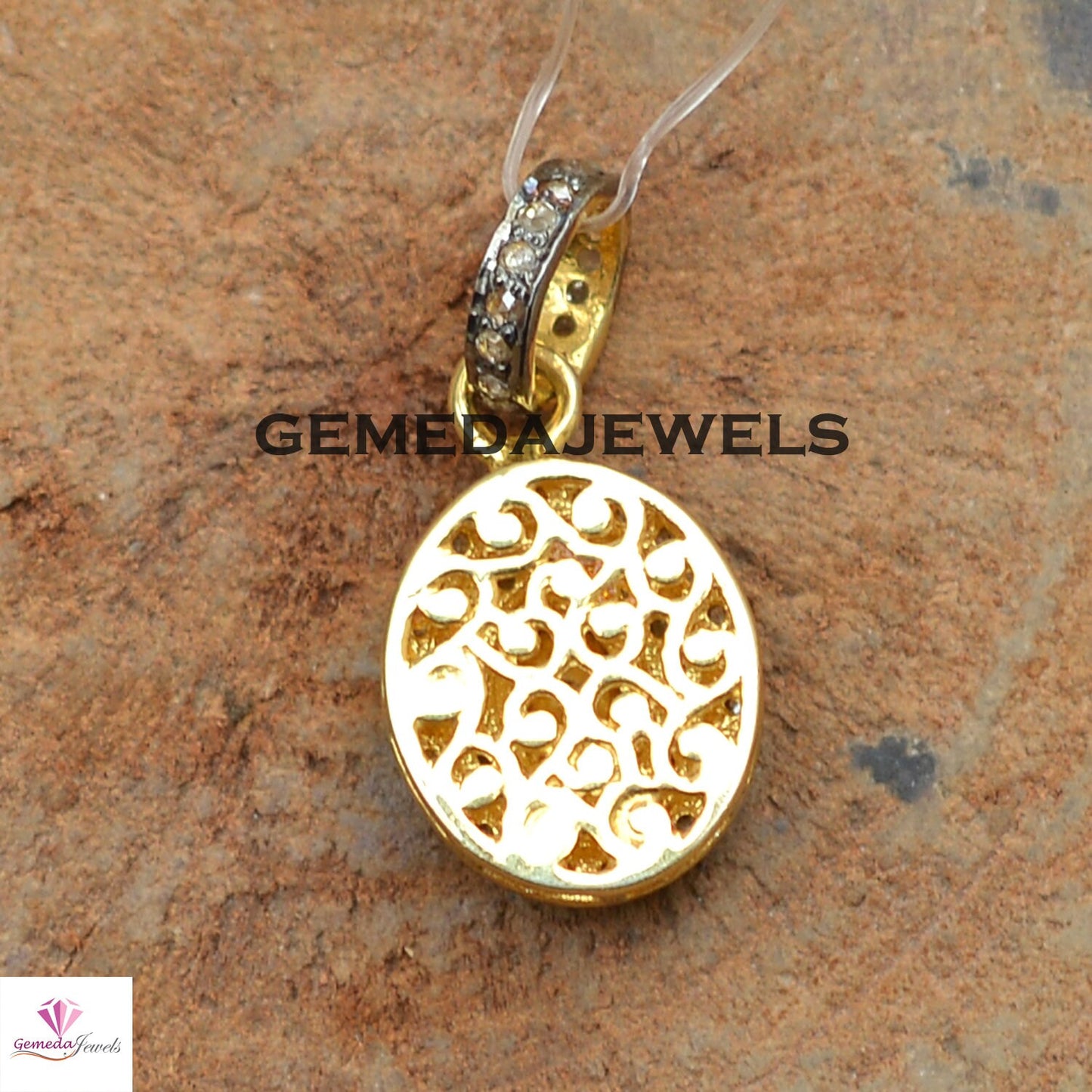 Oval Shape Polki Diamond Pendant, 925 Sterling Silver Pave Jewelry, 14k Gold Plated Jewelry, 16" Silver Link Chain Pendant Necklace, Gift