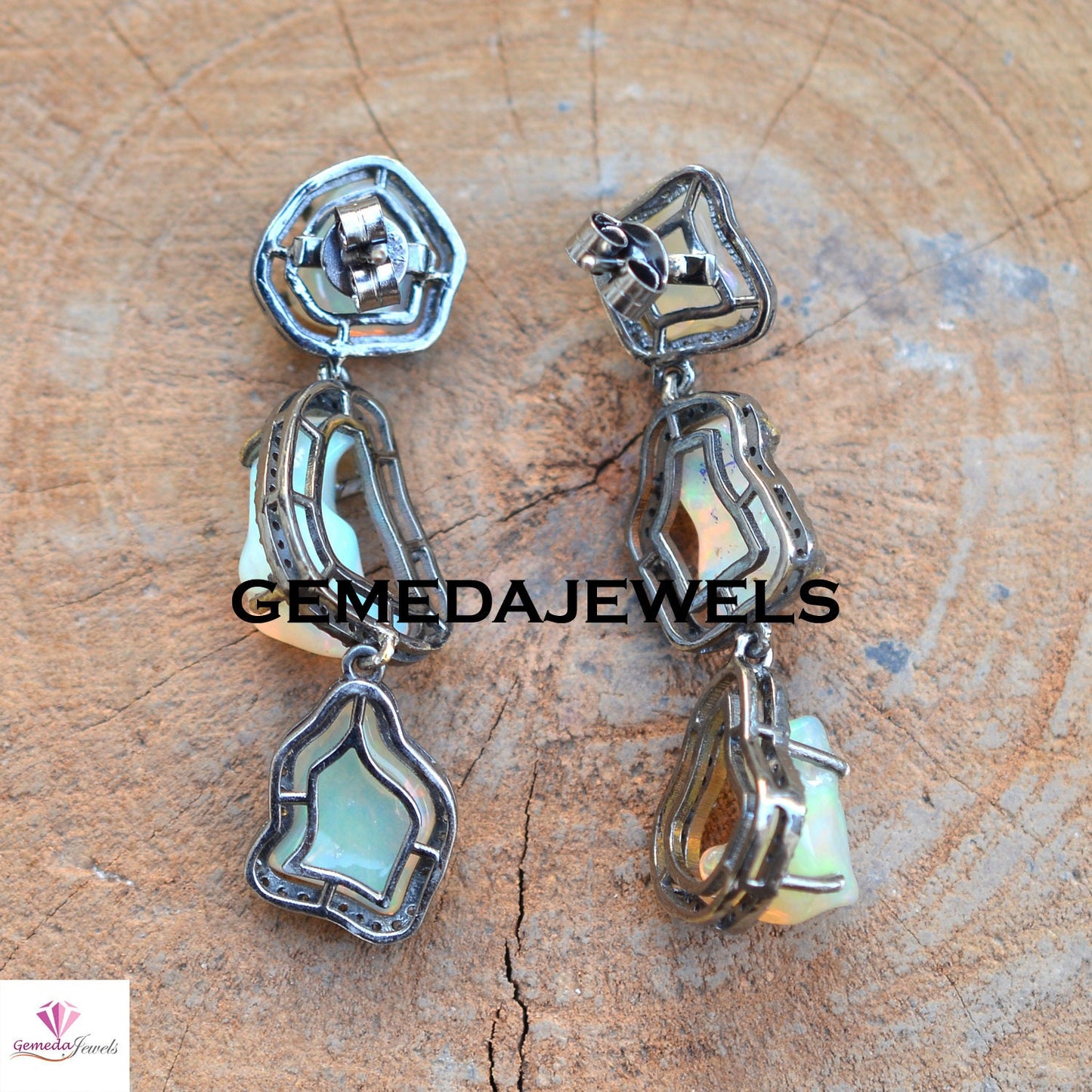 Sale Opal Gemstone Necklace, Pave Diamond Earrings, Opal Necklace Earrings Jewelry Set, 925 Solid Silver, 18" Silver Link Chain Necklace