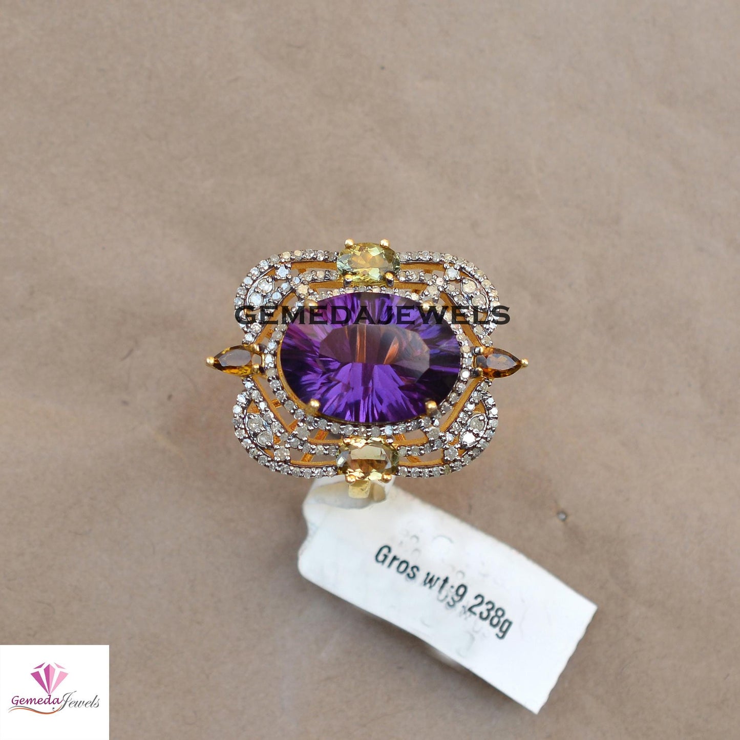 Beautiful Amethyst Gemstone Ring, Multi Tourmaline 925 Silver Ring, 14k Gold Vermeil Jewelry, Pave Diamond Jewelry, Women's Gift Jewelry