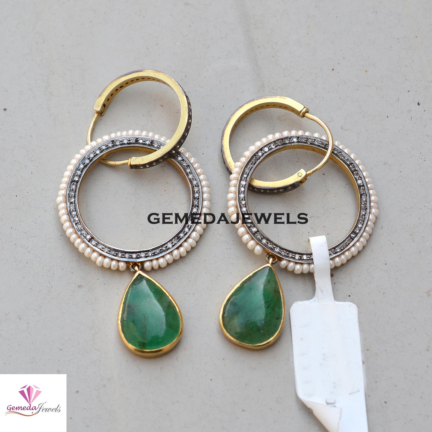 Sale! Classic Emerald Gemstone Earrings, TWO IN-ONE Earrings, Pearl Gemstone Jewelry, Pave Diamond Earrings, Designer Earrings, Gift For Her