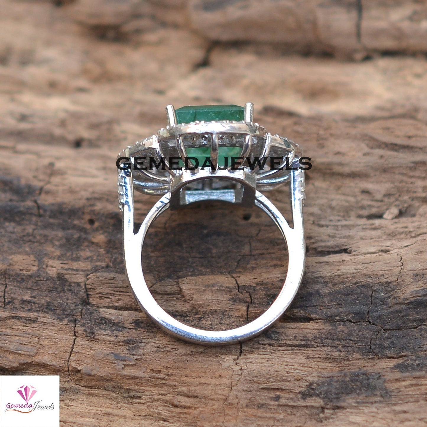 Emerald Gemstone Ring, Pave Diamond Jewelry, Diamond 925 Silver Ring, Sterling Silver Jewelry, Gemstone Diamond Ring, Wedding Gift Jewelry