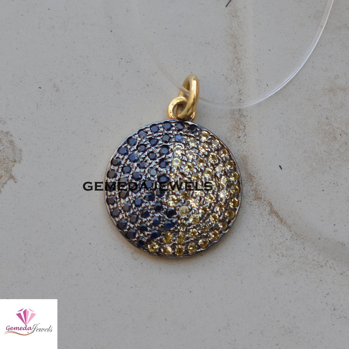 Natural Sapphire Pendant, Citrine Gemstone Pendant, 16" Silver Link Chain Necklace, Pave Diamond Jewelry, Disc Charm Pendant, Minimalist