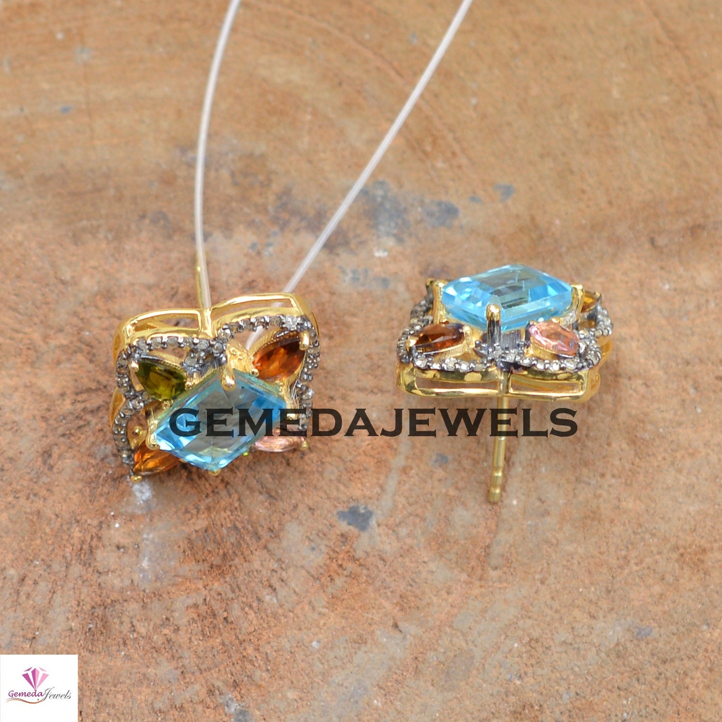 Sale! Blue Topaz Flower Stud Earring, Pave Diamond Earrings, Multi Gemstone Jewelry, Yellow Vermeil 925 Silver Earrings, Women Gift Jewelry