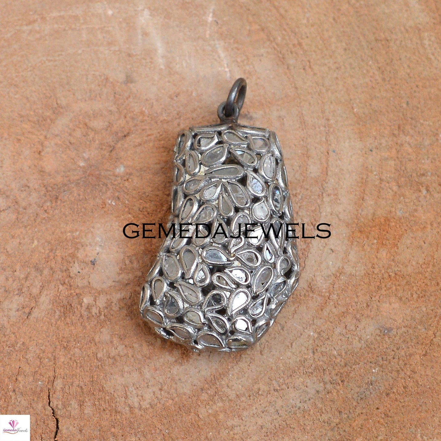 Natural Diamond Slice Pendant, 925 Sterling Silver Jewelry, Diamond Silver Pendant, 16" Silver Link Chain, Diamond Pendant Necklace, Gifts