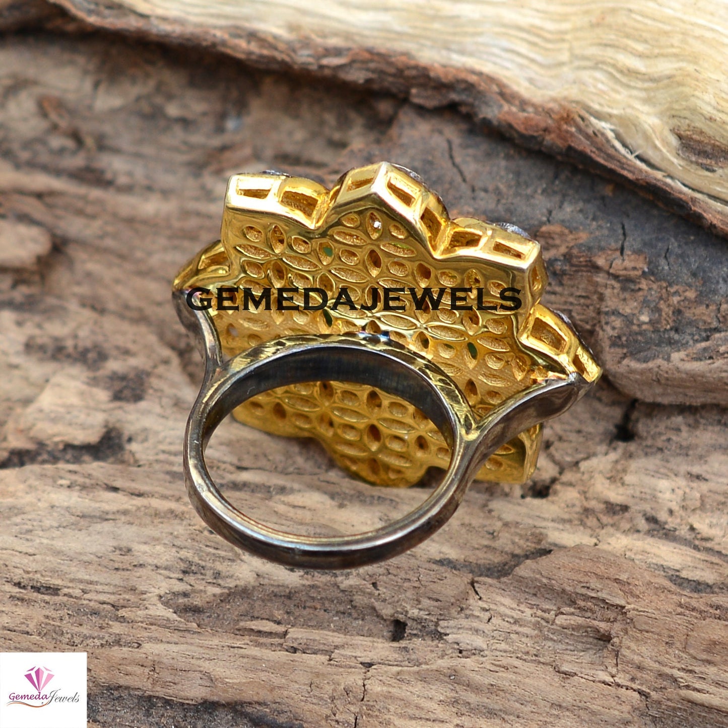 Polki Diamond Floral Ring, Emerald Silver Ring, Pave Diamond Jewelry, Sterling Silver Ring, Gold Vermeil Jewelry, Wedding Gift JEWELLERY