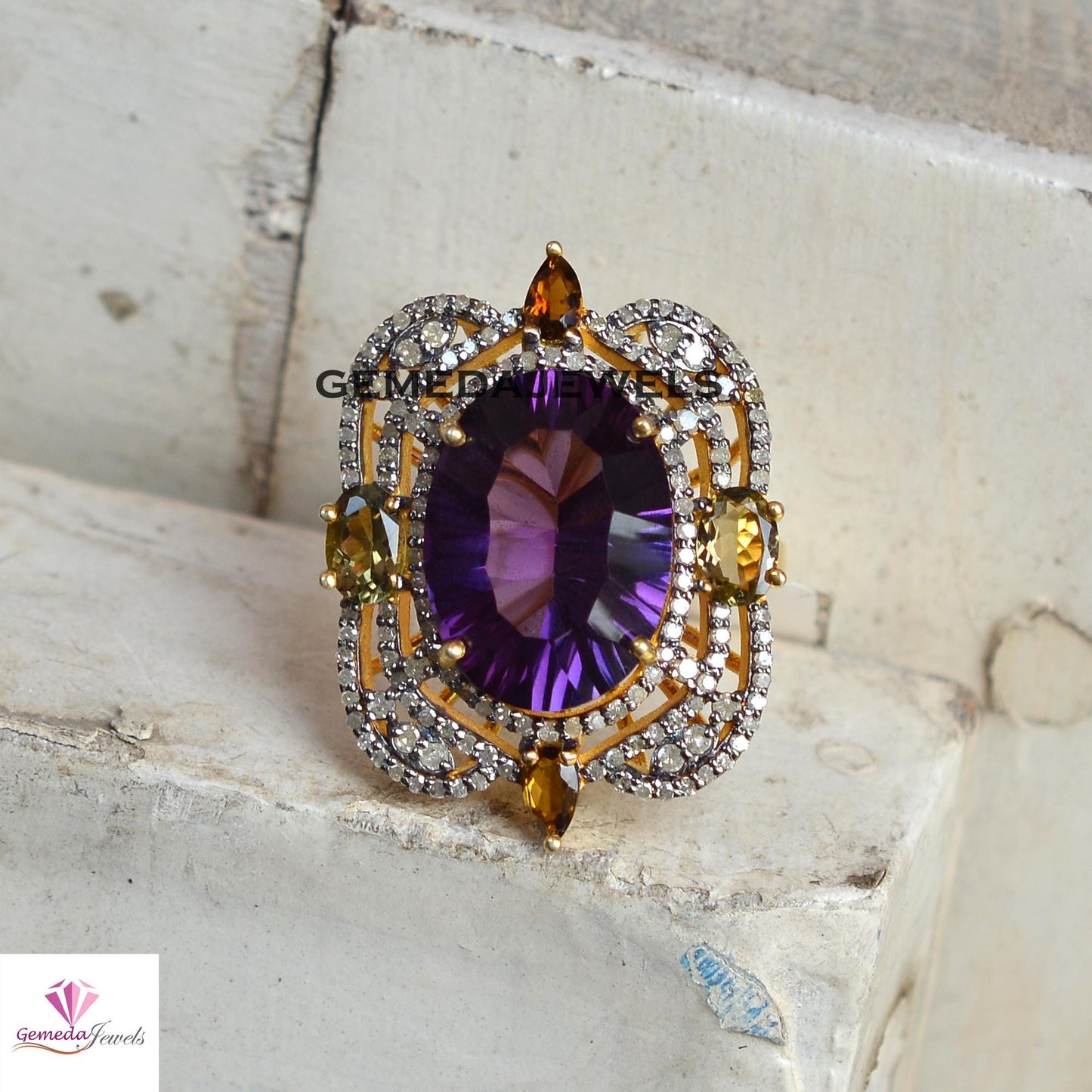 Beautiful Amethyst Gemstone Ring, Multi Tourmaline 925 Silver Ring, 14k Gold Vermeil Jewelry, Pave Diamond Jewelry, Women's Gift Jewelry