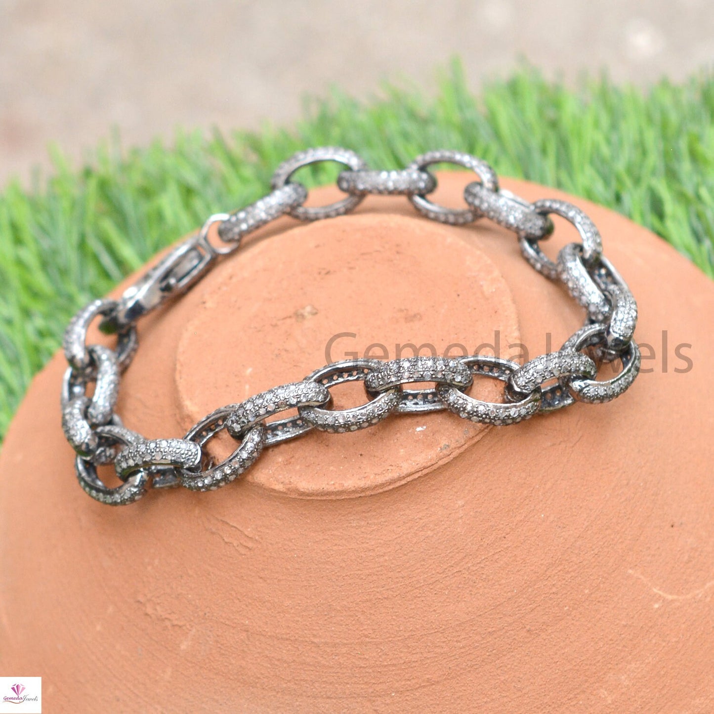 5.10cts Pave Diamond Bracelet, Diamond Silver Link Chain Bracelet, Lobster Clasp Lock Bracelet, Sterling Silver Jewelry, Unisex Gift Jewelry