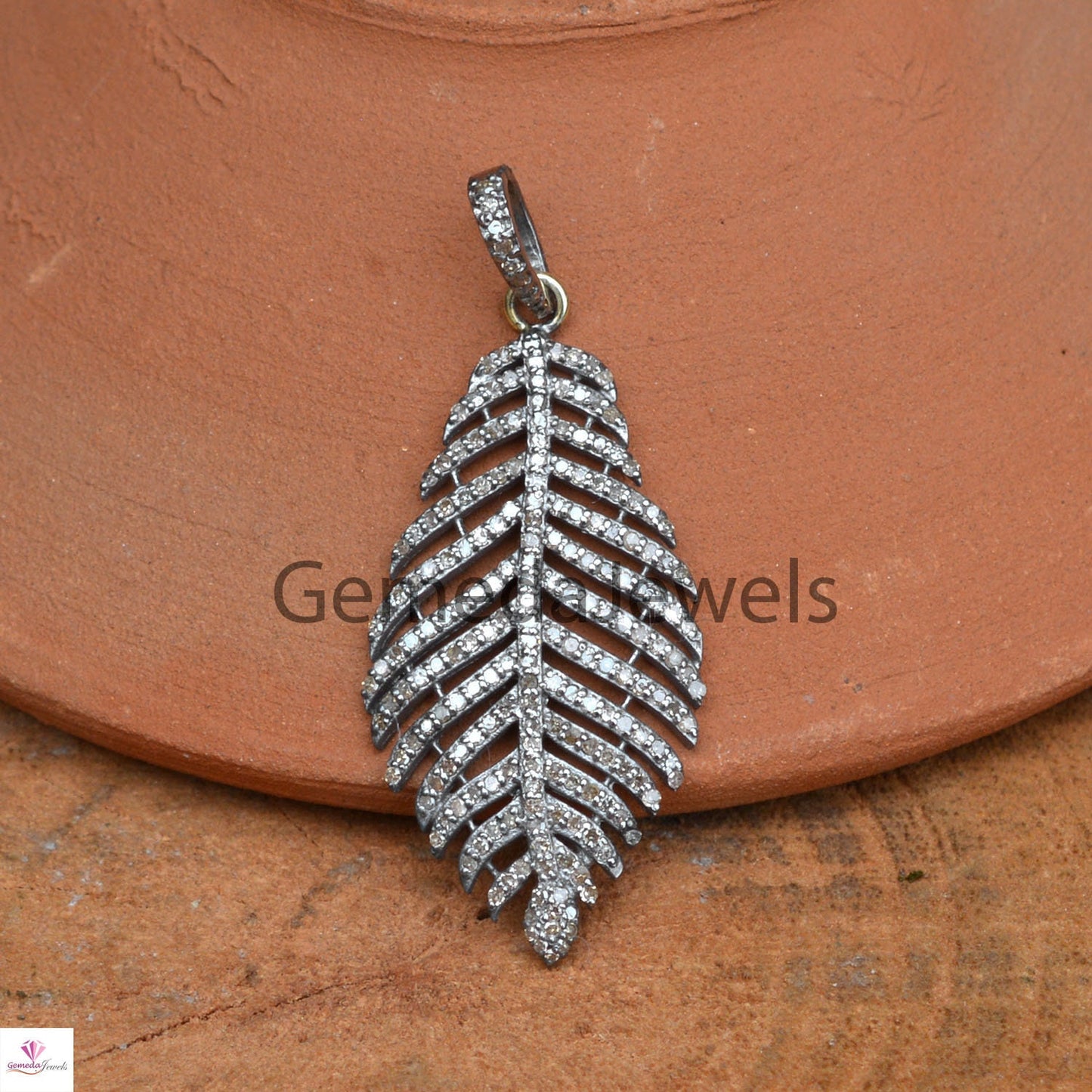 1.33Cts Genuine Pave Diamond Pendant, Diamond Feather Jewelry, Sterling Silver, Leaf Diamond Jewelry, 16" Chain Leaf Pendant Necklace, Gifts