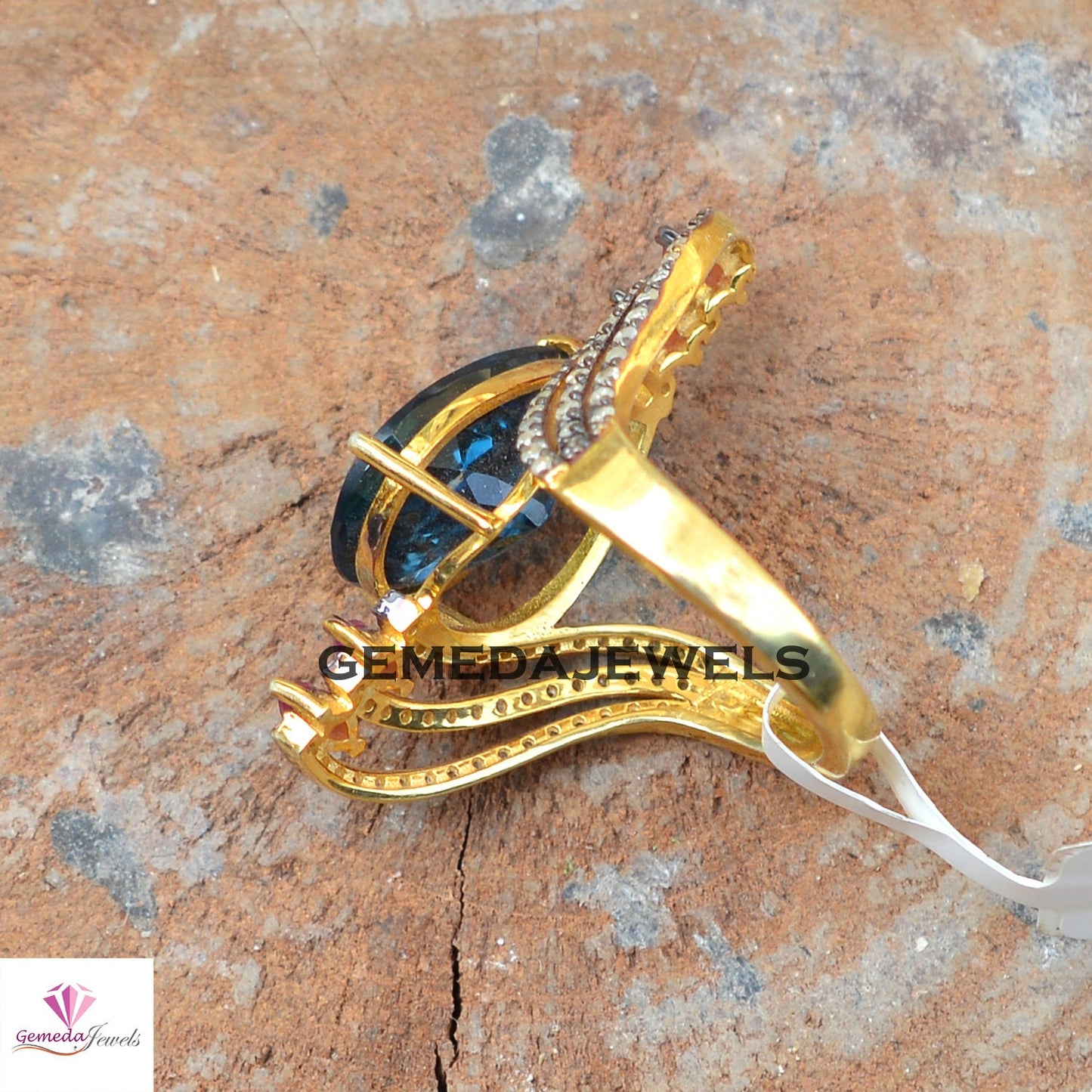 Sparkling Blue Topaz Ring, Pave Diamond Jewelry, Ruby Gemstone Ring, 925 Silver 14k Gold Plated Jewelry, Wedding Gift Jewelry, Gift For Her