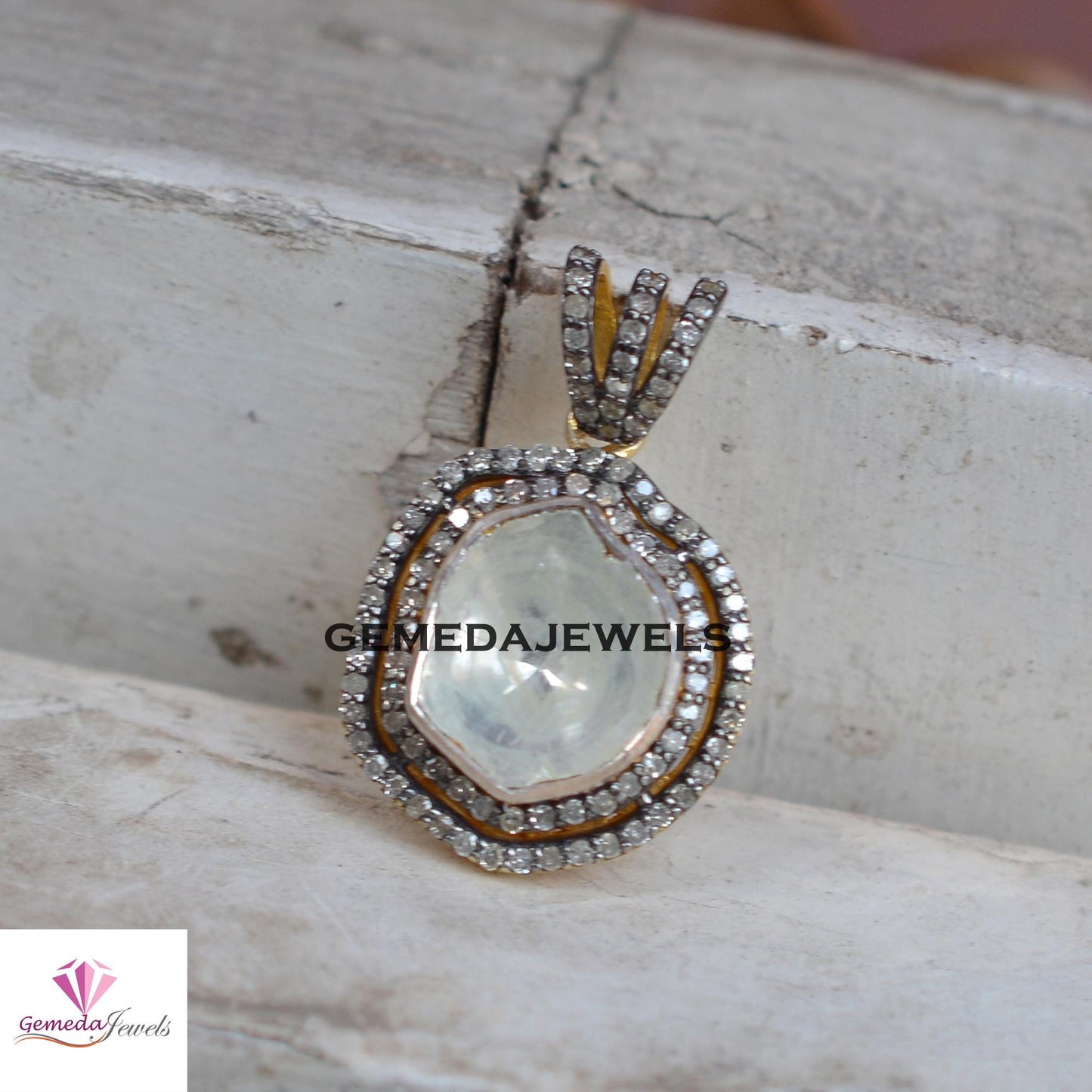 Sale Polki Diamond Pendant, 14k Gold Plated Jewelry, 925 Silver Pendant, Pave Diamond Jewelry, 16" Link Chain Necklace Jewelry, Wedding Gift