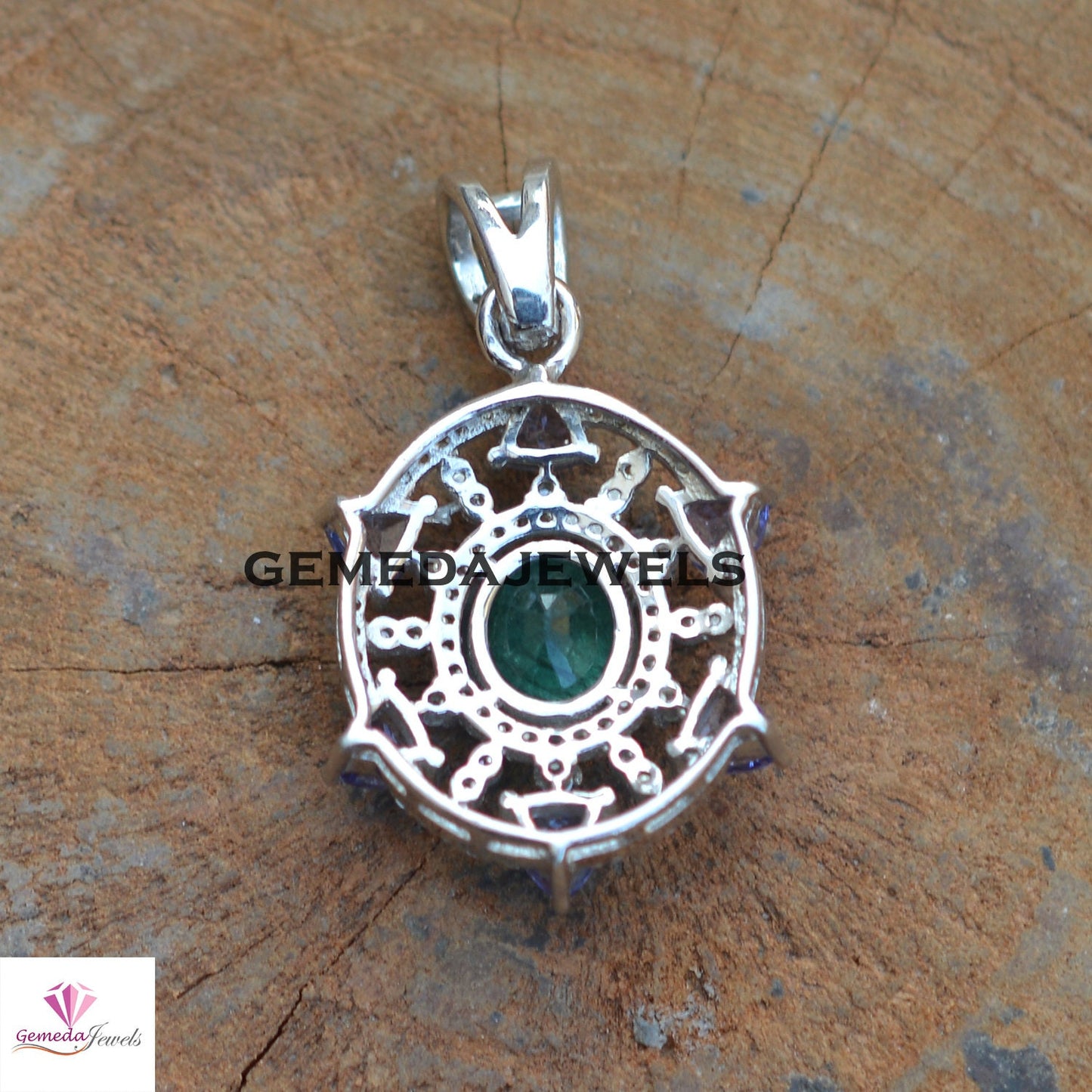 Genuine Emerald Pendant, Tanzanite Gemstone Jewelry, Pave Diamond Pendant, 925 Sterling Silver Jewelry, 16" Link Chain Pendant Necklace Gift