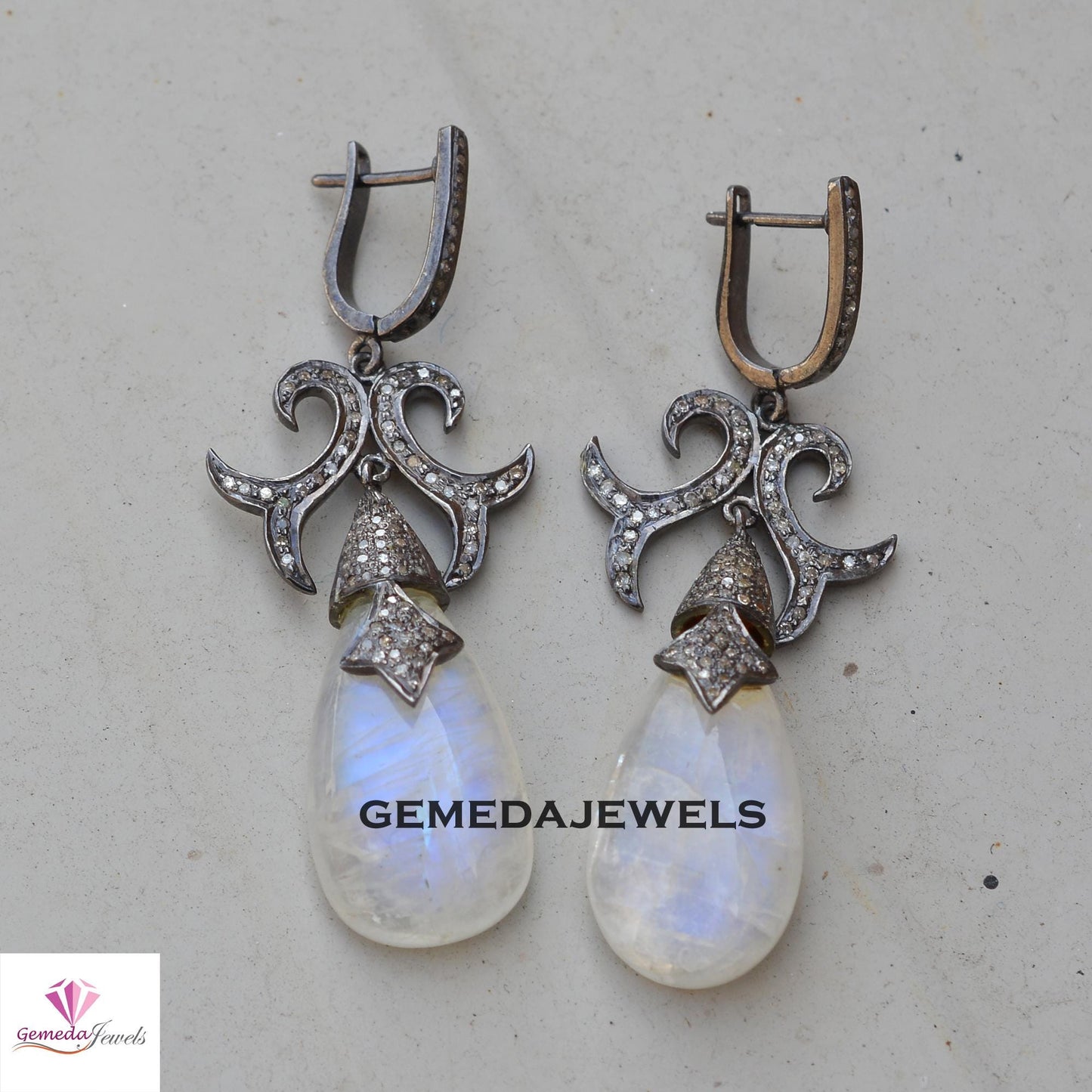 Sale!! Moonstone Gemstone Earrings, Pave Diamond Jewelry, Drop Dangle Designer Earring, Rhodium Plated 925 Silver Jewelry, Gift For Her