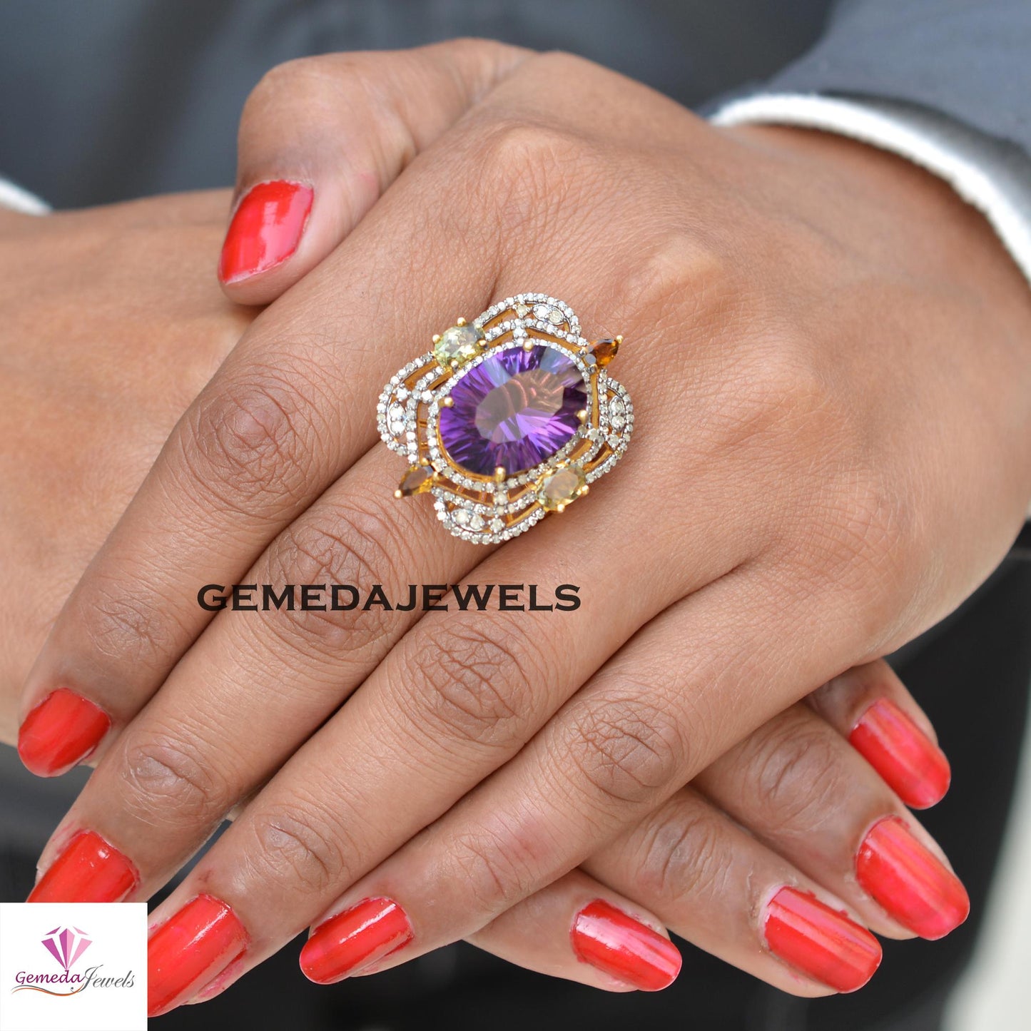 Beautiful Amethyst Gemstone Ring, Multi Tourmaline 925 Silver Ring, 14k Gold Vermeil Jewelry, Pave Diamond Jewelry, Women's Gift Jewelry