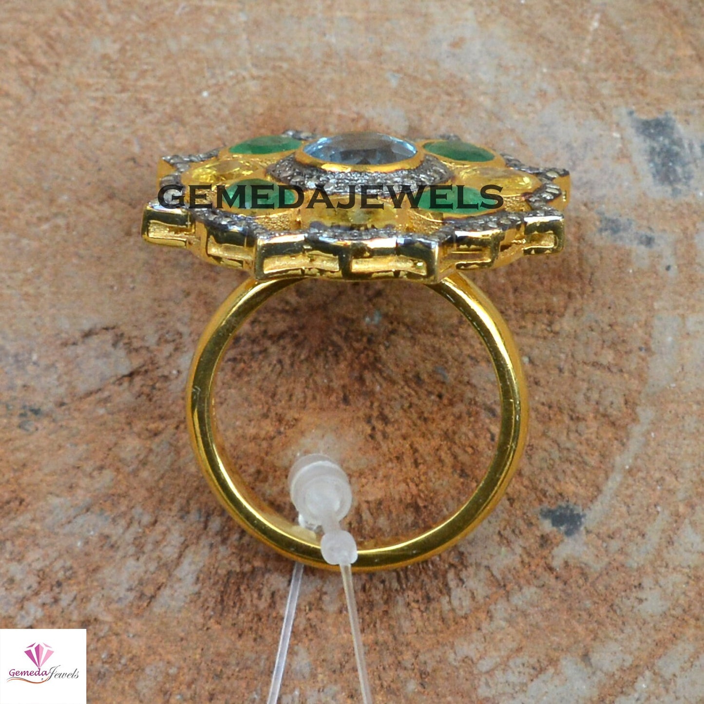 Blue Topaz Ring, Emerald Gemstone Ring, Citrine Ring, Pave Diamond Jewelry, 925 Silver Flower Ring, 14k Gold Vermeil Jewelry, Wedding Gifts