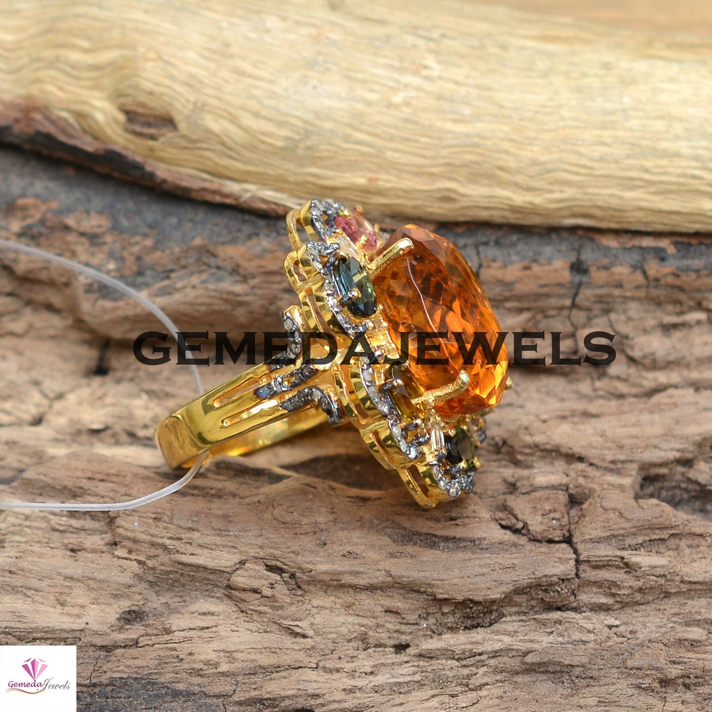 Gorgeous Citrine Silver Ring, Multi Gemstone Jewelry, 925 Silver Ring, Pave Diamond Jewelry, Yellow Gold Vermeil Ring, Gift For Anniversary