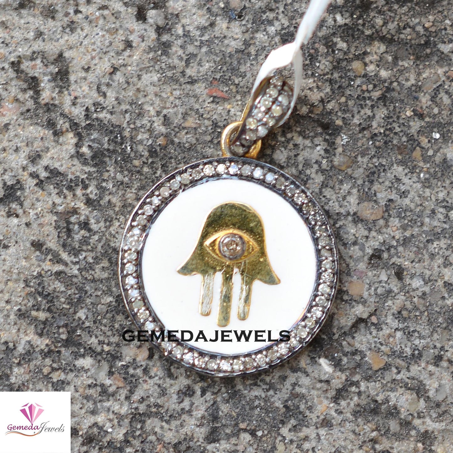 Sale! Genuine Pave Diamond Hamsa Pendant, Round Pendant Jewelry, 16" Link Chain Necklace, 925 Silver Jewelry, 14k Gold Vermeil Pendant, Gift