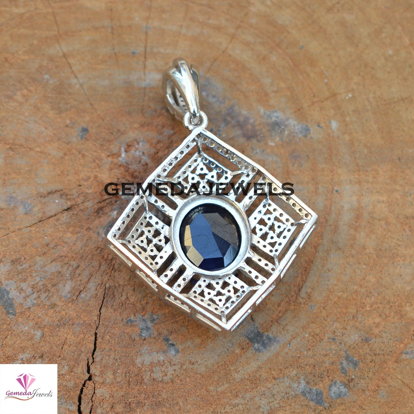 Sparkling Blue Sapphire Pendant, 925 Sterling Silver Jewelry, Pave Diamond Pendant, Gemstone Silver Jewelry, 16" Link Chain Pendant Necklace