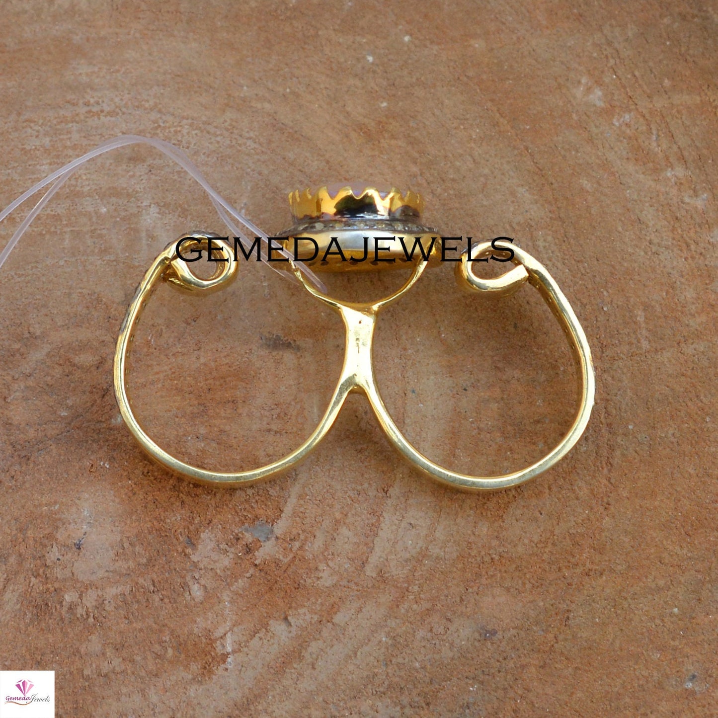 Genuine Opal Gemstone Ring, 925 Silver Gold Vermeil Jewelry, Pave Diamond Jewelry, Gemstone Silver Ring, Two Finger Ring, Anniversary Gift