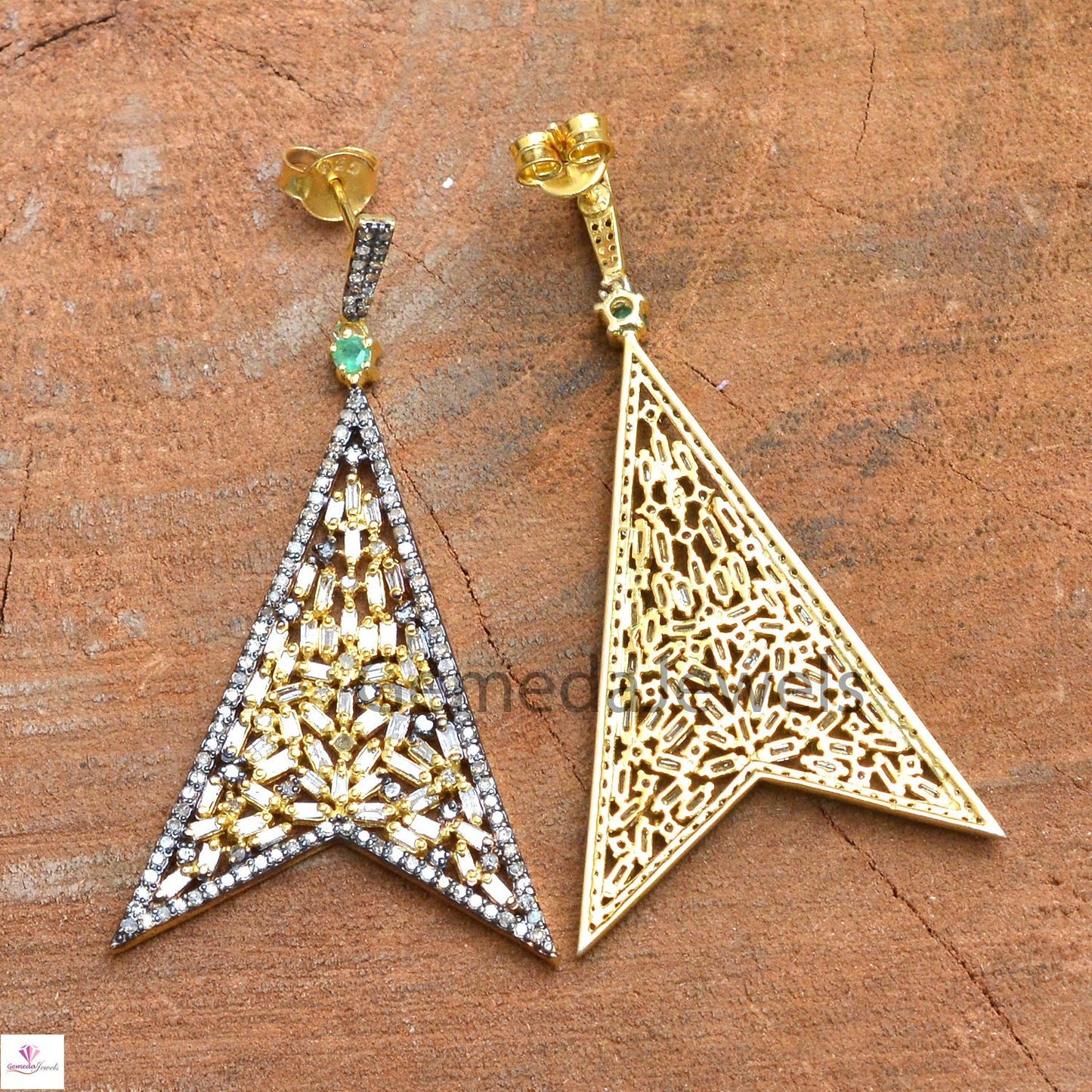 Sale! Baguette Diamond Earrings, Pave Diamond Jewelry, Emerald Gemstone Earring, 14K Gold Vermeil Earrings, 925 Silver Jewelry, Gift For her