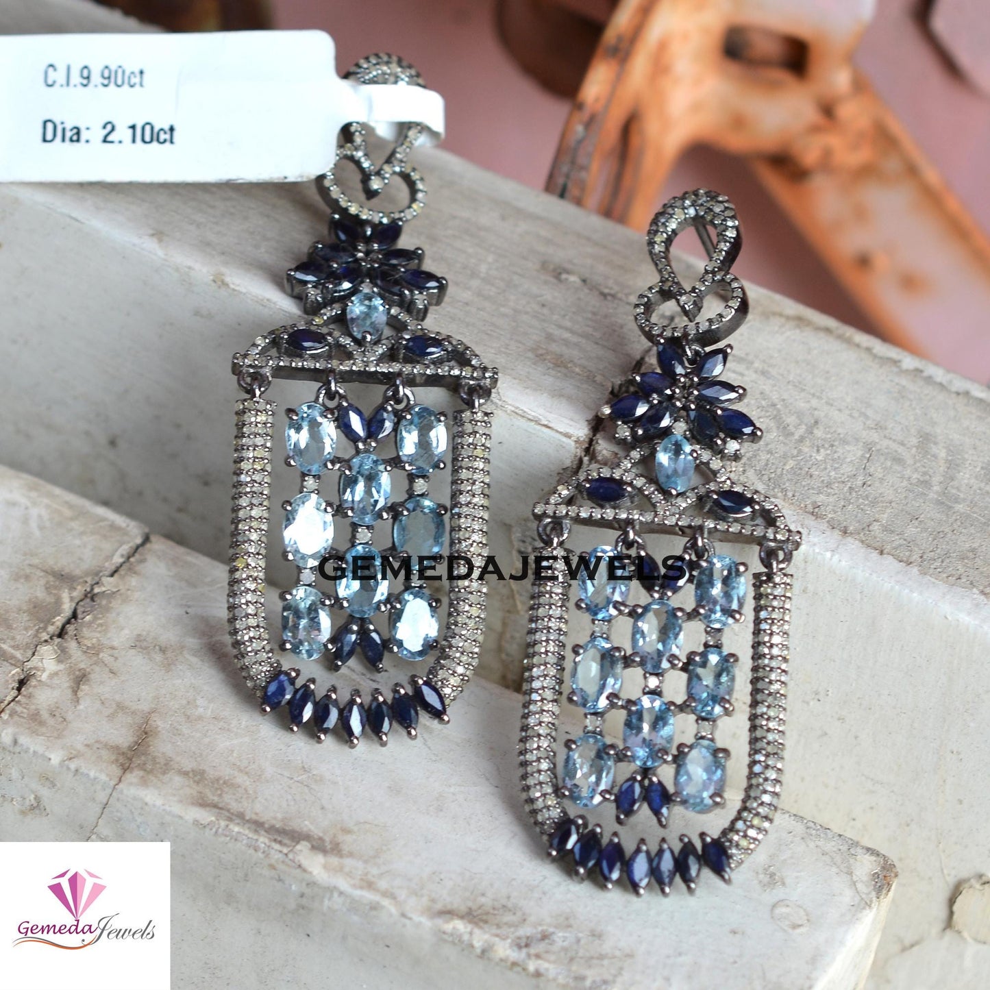 Sale Blue Topaz Designer Earrings, Sapphire Gemstone Jewelry, Rhodium Plated 925 Silver Earring, Pave Diamond Earrings, Women's Gift Jewelry