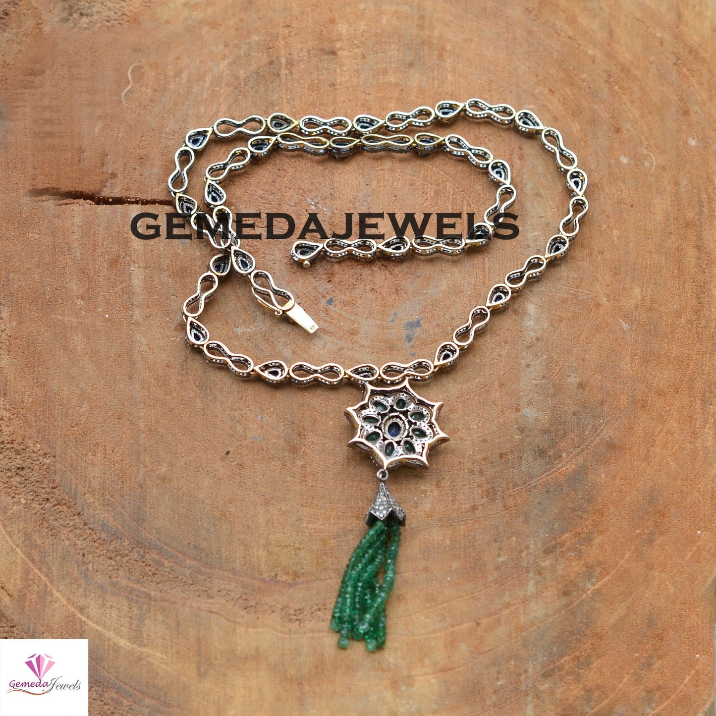 Genuine Sapphire Necklace, Emerald Beads Gemstone Necklace, Yellow Vermeil 925 Silver Jewelry, Pave Diamond Necklace, 26" Pendant Necklace