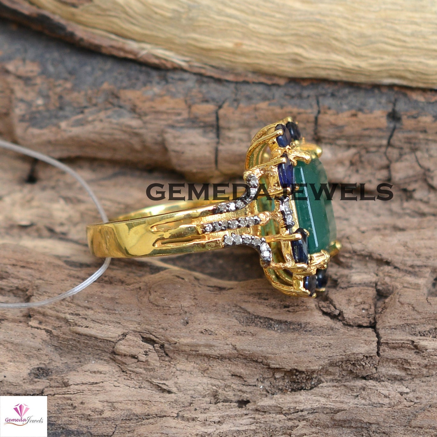 Genuine Emerald Ring, Blue Sapphire Gemstone Ring, Pave Diamond Jewelry, 925 Silver Ring Jewelry, Gold Vermeil Ring, Statement Ring, Gifts