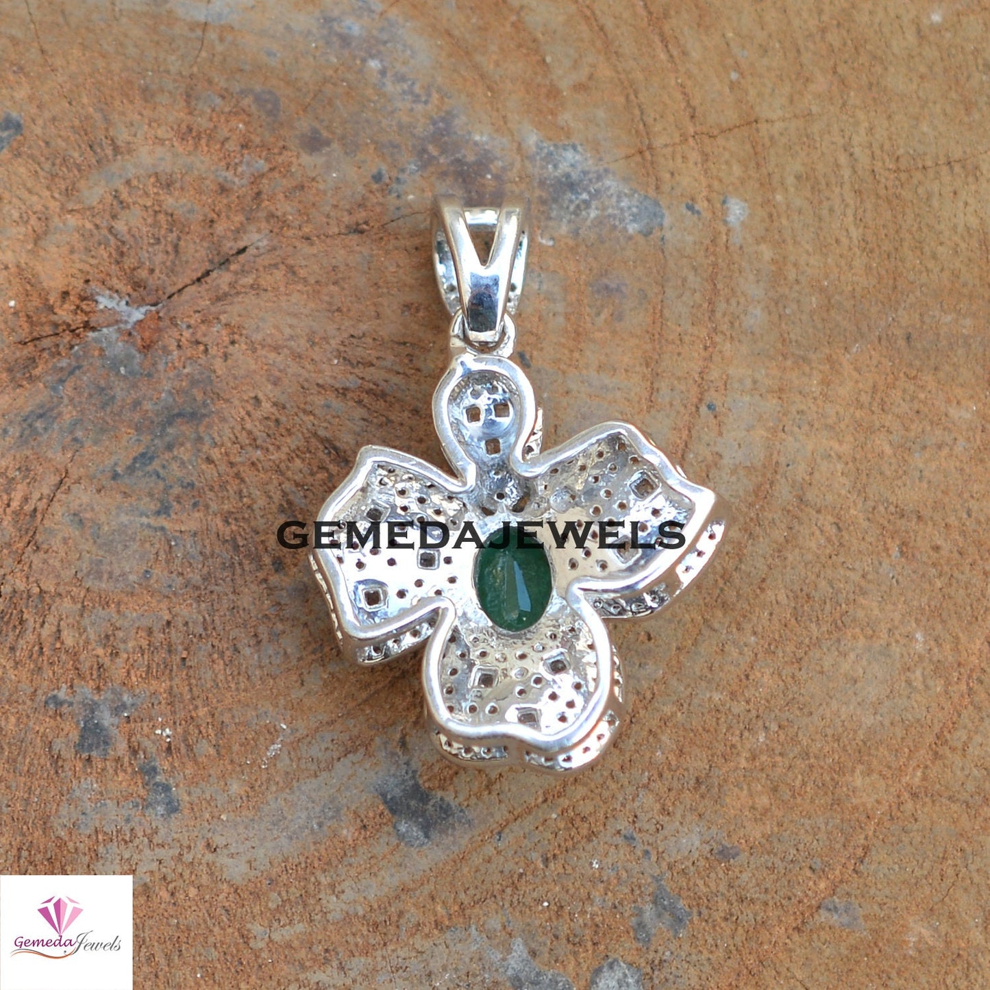 Genuine Emerald Pendant, Pave Diamond Jewelry, 925 Sterling Silver Pendant, Flower Pendant Jewelry, 16" Link Chain Necklace Gemstone Jewelry
