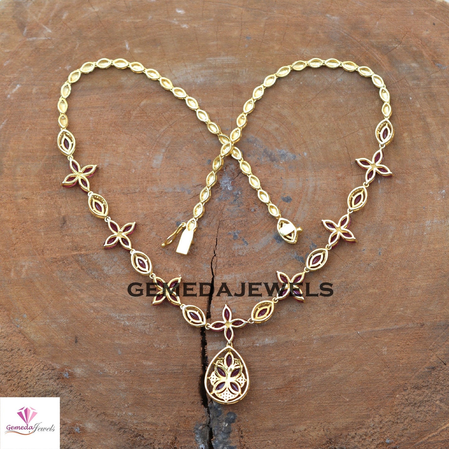 Sale!! Ruby Jewelry Set, Gemstone Flower Jewelry, Pave Diamond 22" Necklace, Earrings Necklace Jewelry Set, 925 Silver Jewelry, Gift For Her