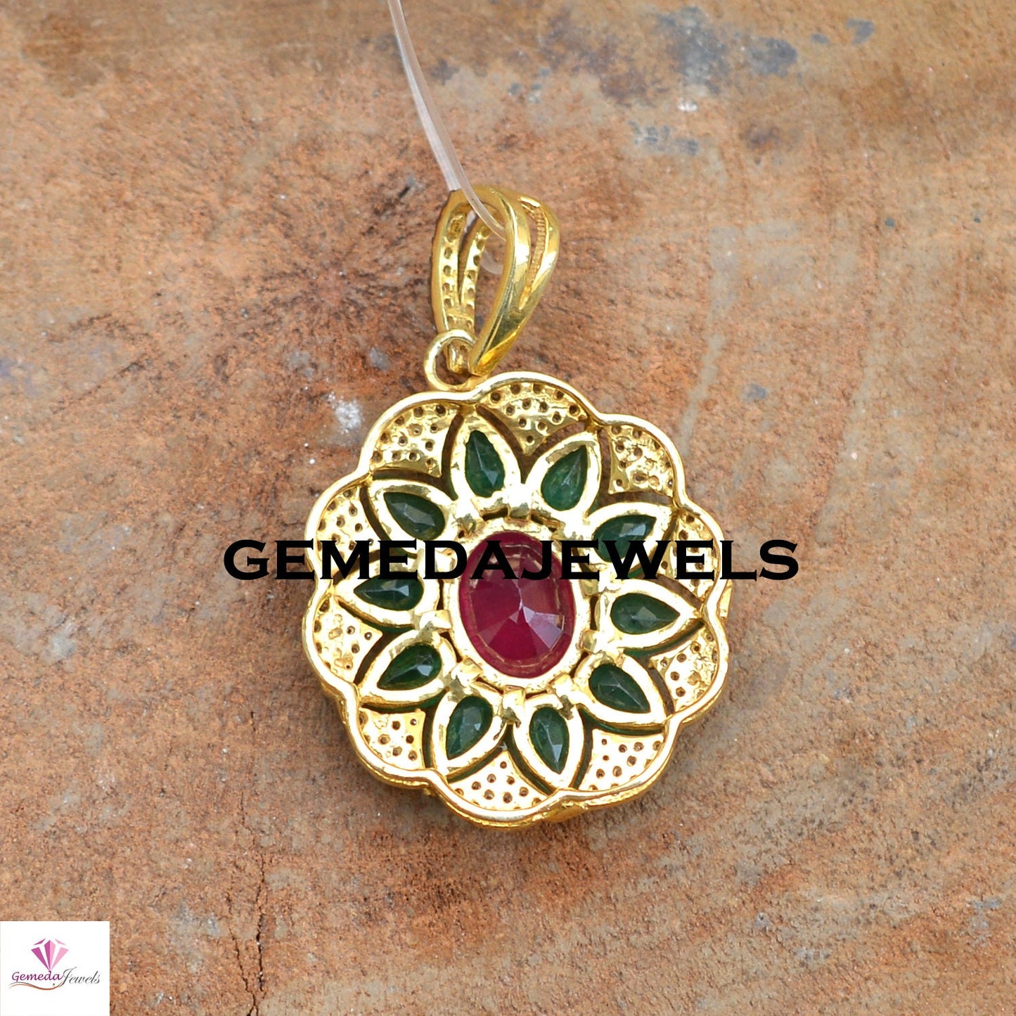 Red Ruby Pendant, Emerald 925 Silver Pendant, Pave Diamond Jewelry, Gemstone Floral Pendant, 16" Chain Pendant Necklace, Gold Plated Jewelry