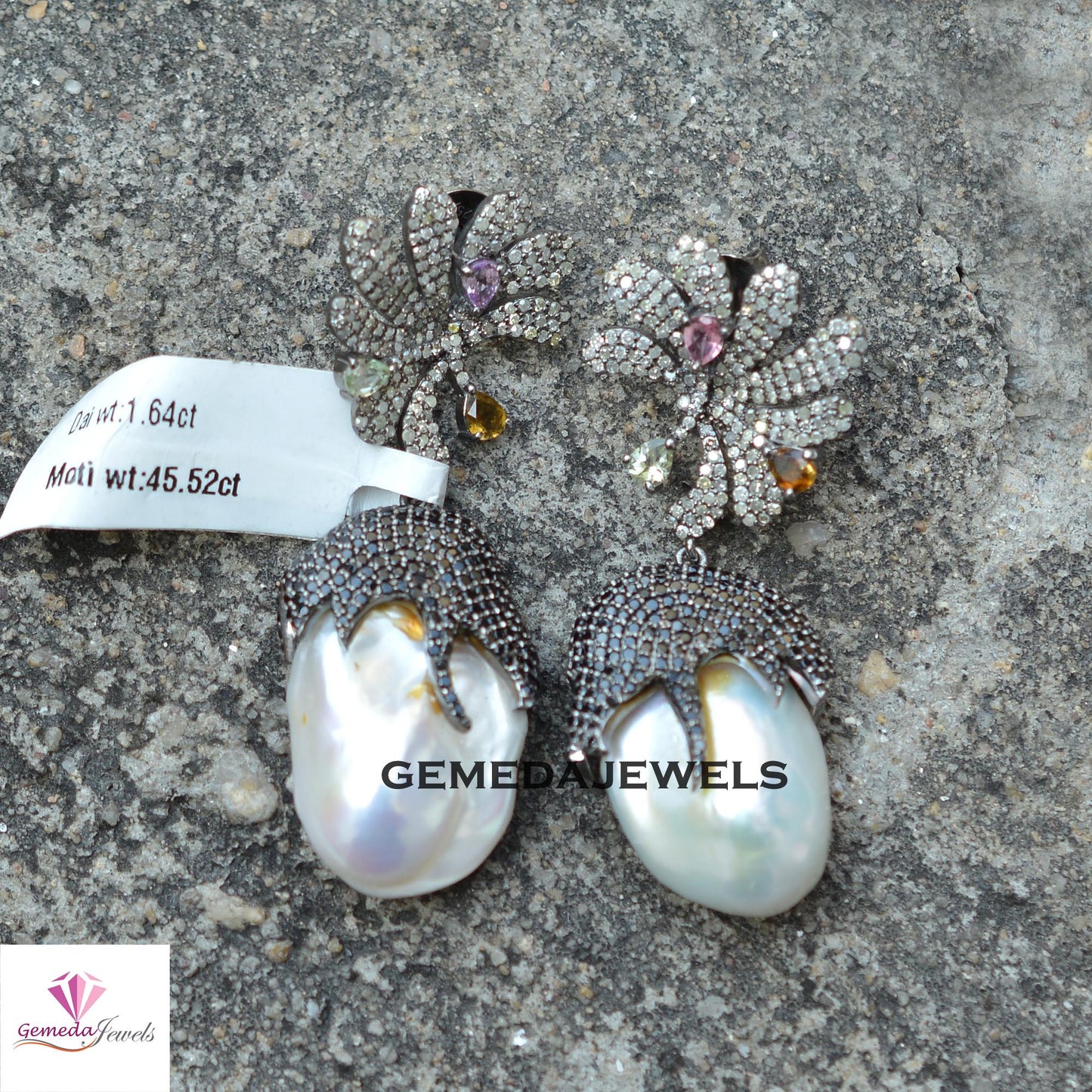 Pearl Earrings, Black Spinel Gemstone Jewelry, Multi Tourmaline Gemstone, 925 Silver Jewelry, Women's Gift Jewelry, Pave Diamond Earrings