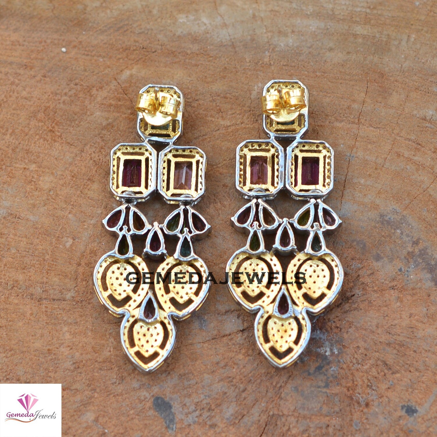 Multi Tourmaline Earrings, Ruby Earring, Emerald Diamond Silver Jewelry, 925 Silver Earrings, Gold Vermeil Earrings, Wedding Gift Jewelry