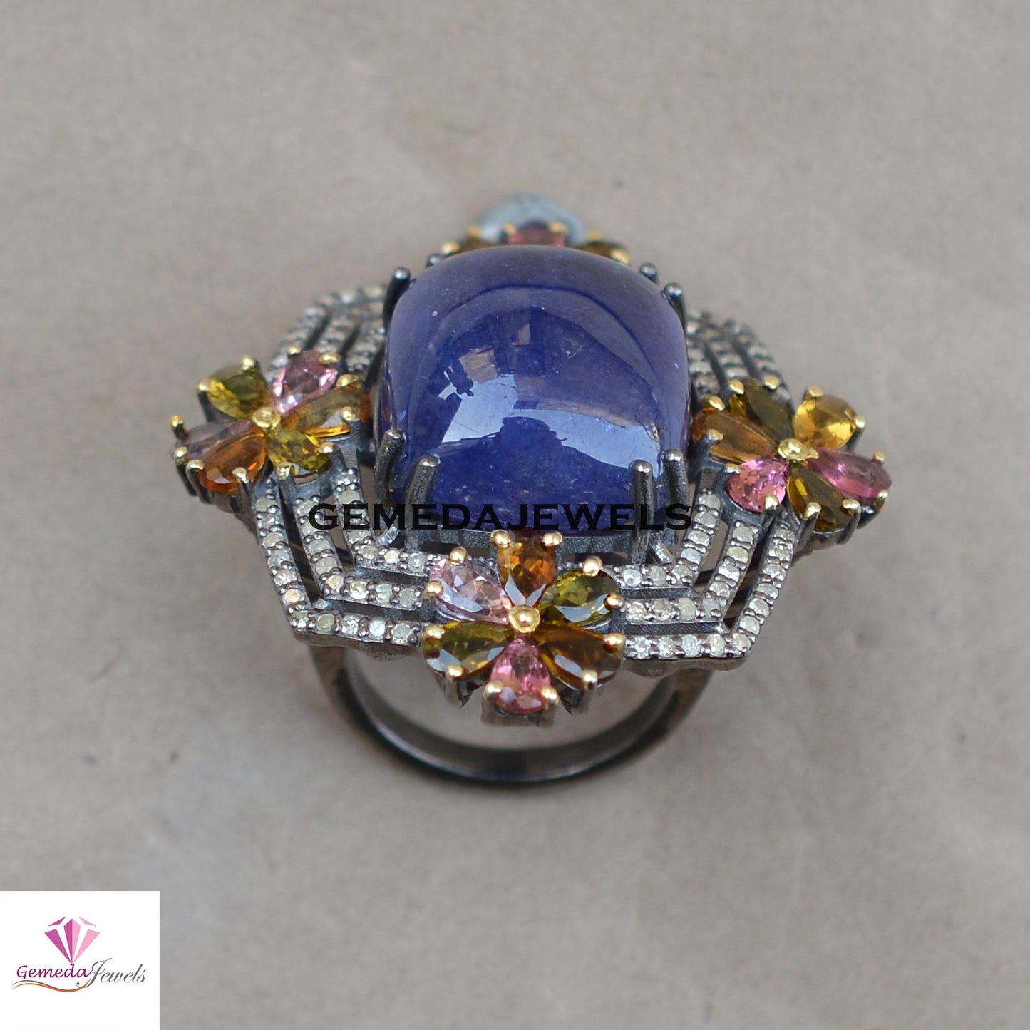 Natural Tanzanite Gemstone Jewelry Set, Tourmaline Gemstone Flower, Pave Diamond Silver Jewelry, Gemstone Ring Earrings Set, Wedding Jewelry