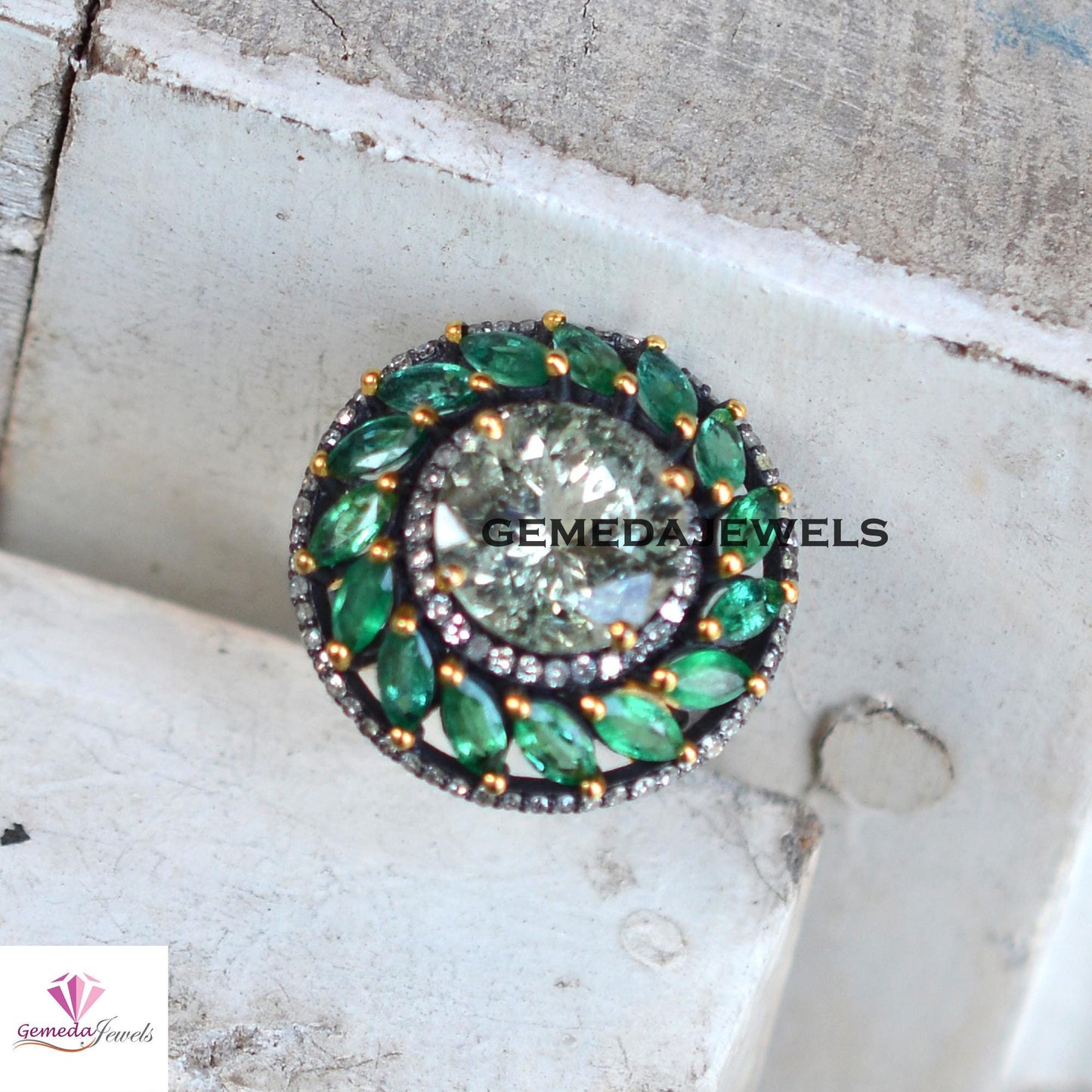 Sale! Classic Green Amethyst 925 Silver Ring, Emerald Gemstone Jewelry, Pave Diamond Ring, Rhodium Plated Ring Jewelry, Wedding Gift Jewelry