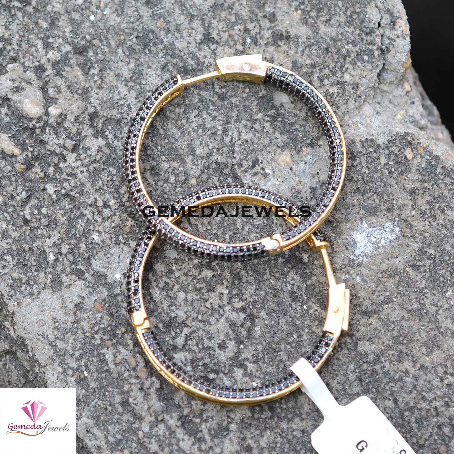 Sale 40MM Black Spinel Gemstone Hoop Earrings, 925 Silver Jewelry, 14k Gold Vermeil Earrings, Gemstone Silver Earrings, Women's Gift Jewelry