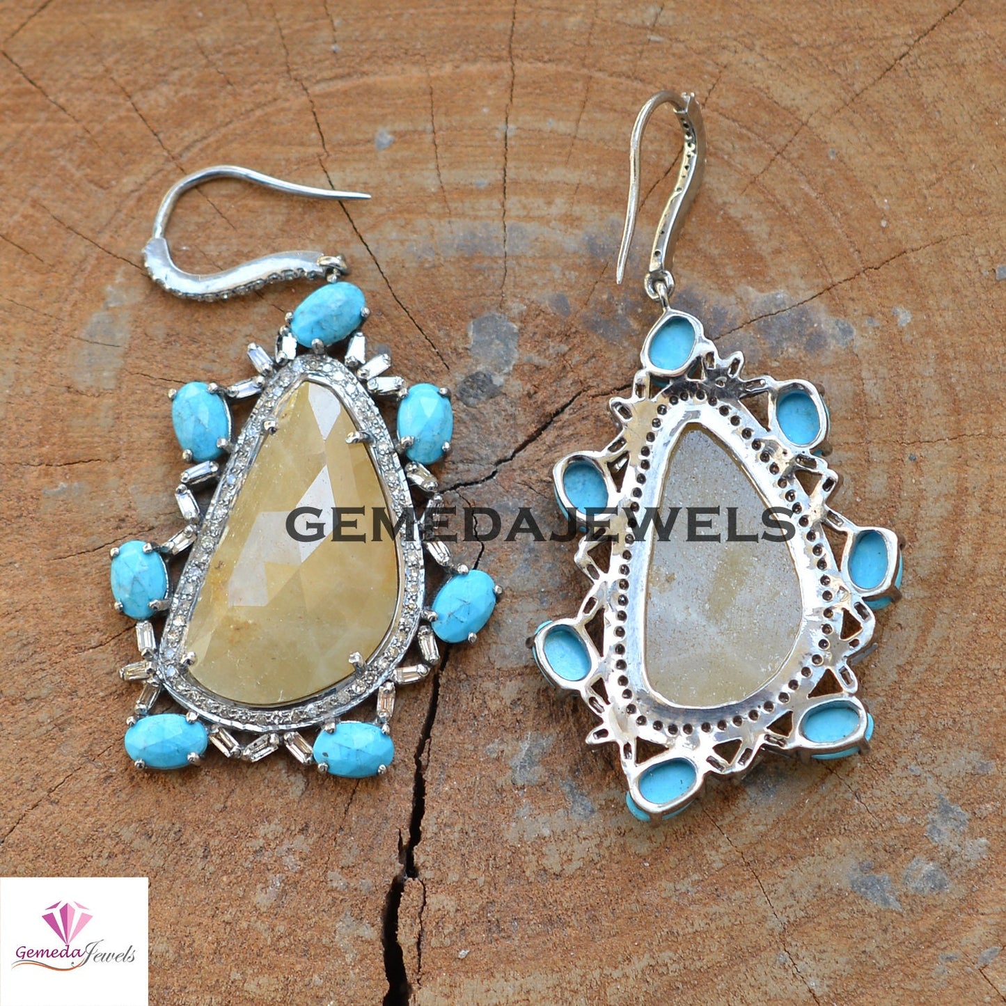 Sapphire Slice Gemstone Earrings, Turquoise Earrings Jewelry, Baguette Diamond Pave Jewelry, 925 Silver Ear Wire Earring, Mothers Day Gift