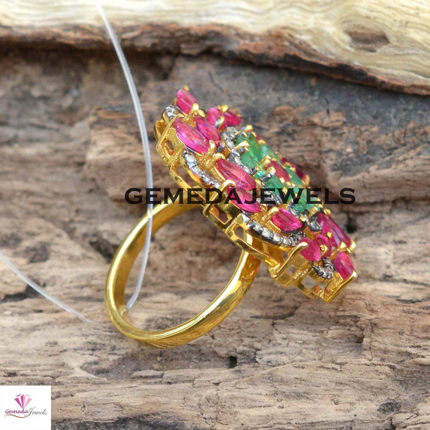 Emerald Gemstone Ring, Ruby Silver Ring, Gemstone Flower Ring, Pave Diamond Jewelry, 925 Silver Ring, Gold Vermeil Jewelry, Wedding Jewelry