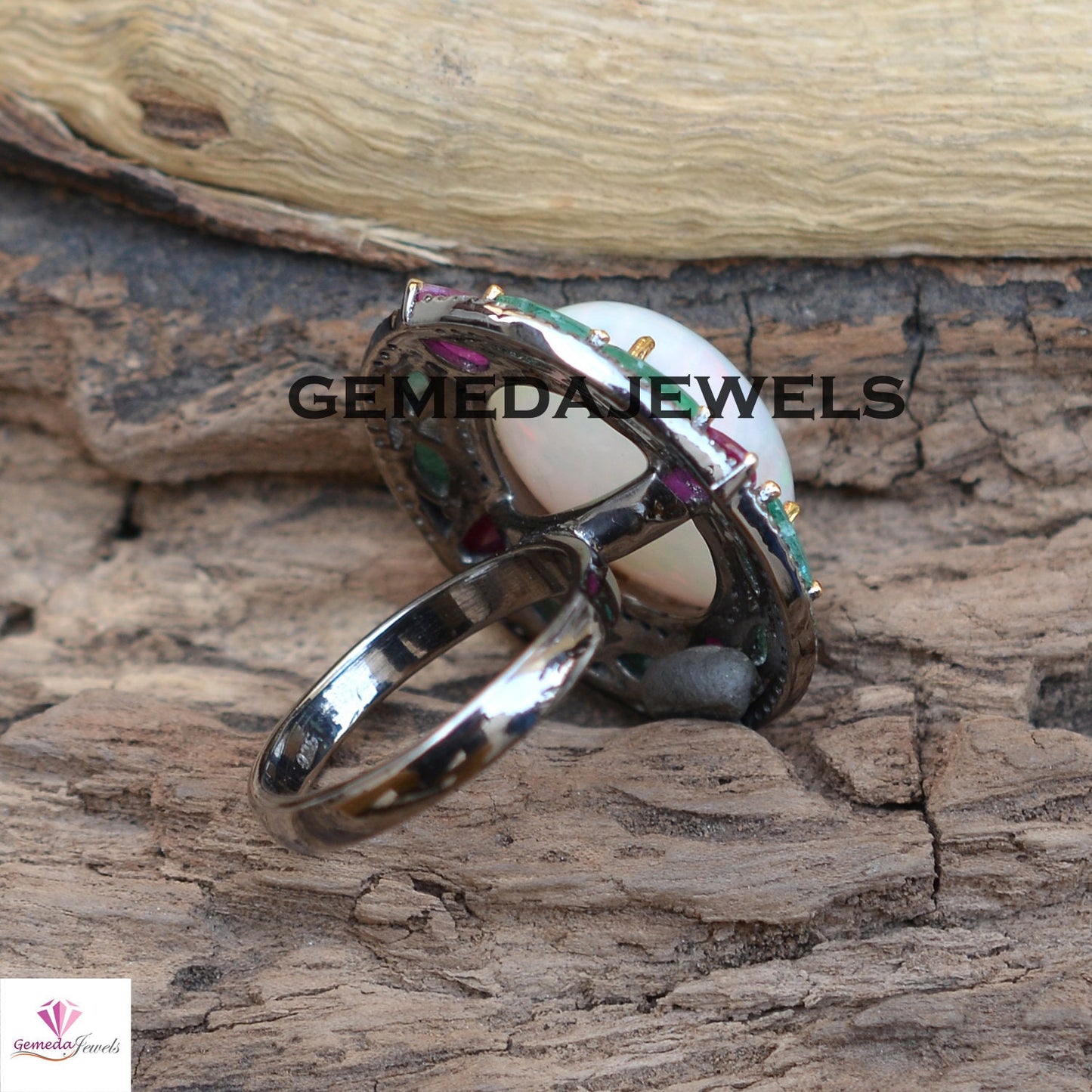 Genuine Opal Floral Ring, Pave Diamond Ring, 925 Sterling Silver Ring, Rhodium Plated Jewelry, Ruby Gemstone Ring, Emerald Silver Ring, Gift