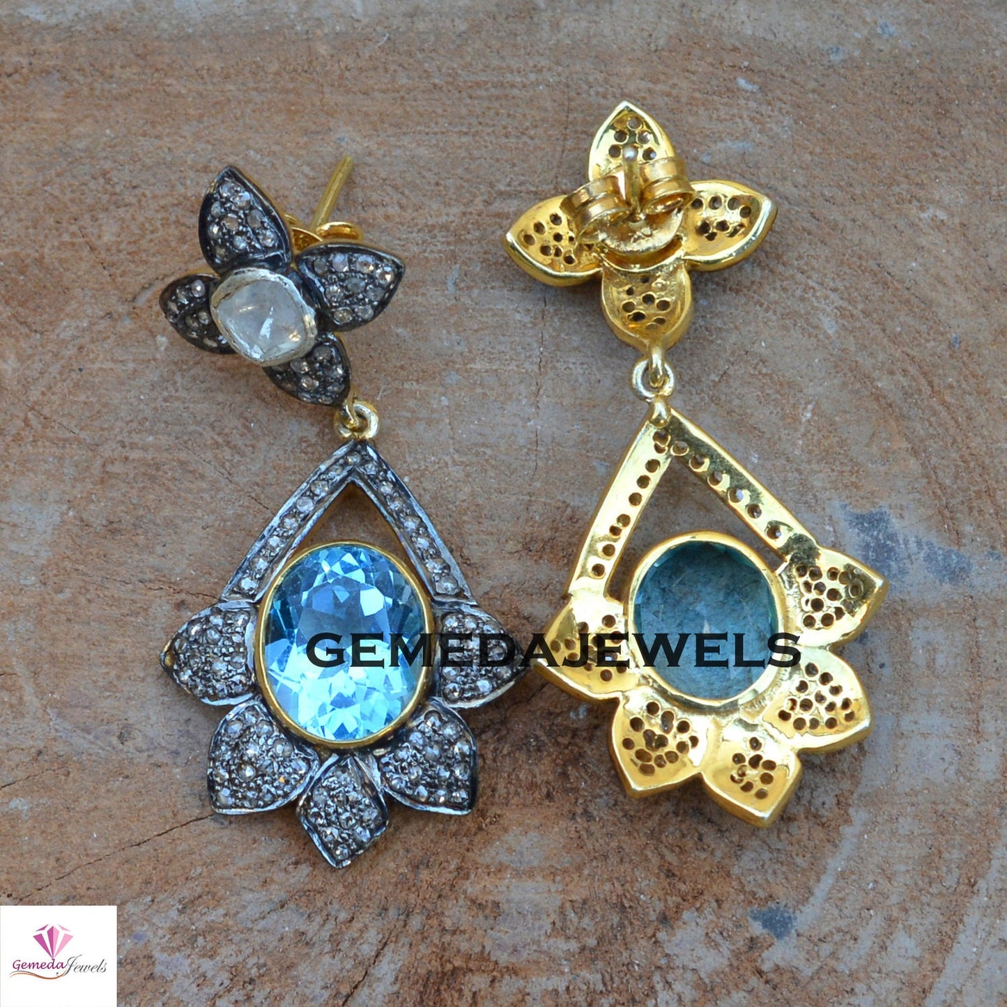 Blue Topaz Earrings, Polki Diamond Earrings, Pave Diamond Earring Jewelry, Flower Gemstone Jewelry, 925 Silver Earrings, Wedding Jewelry