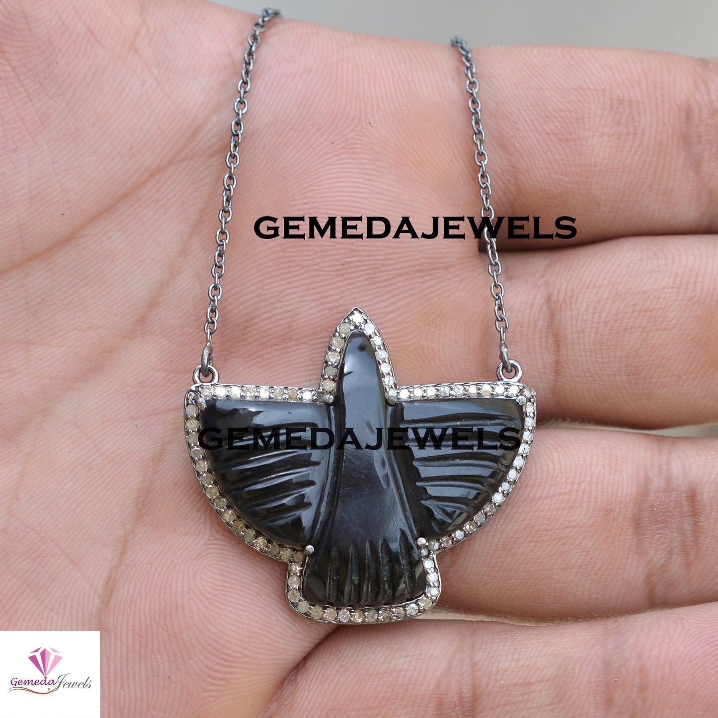 Sale! Black Onyx Hummingbird Gemstone Pendant, 925 Silver 18" Link Chain Pendant Necklace, Pave Diamond Jewelry, Bird Pendant Jewelry, Gift