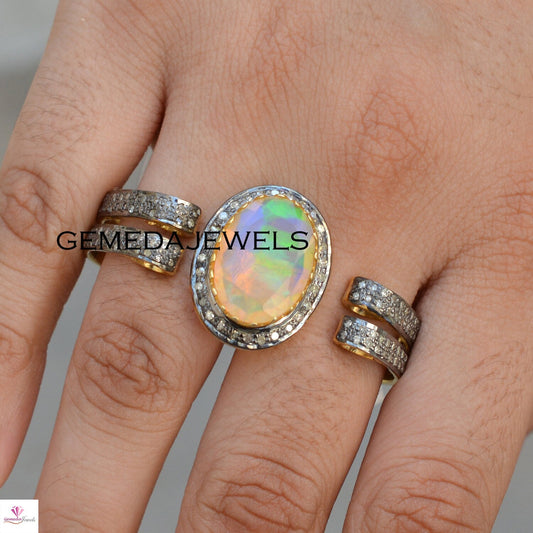 Genuine Opal Gemstone Ring, 925 Silver Gold Vermeil Jewelry, Pave Diamond Jewelry, Gemstone Silver Ring, Two Finger Ring, Anniversary Gift