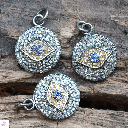 Evil Eye Sapphire Gemstone Pendant, Solid 925 Silver Jewelry, Size 22X15 MM Pave Diamond Pendant Jewelry, Beautiful Evil Eye Charm Necklace
