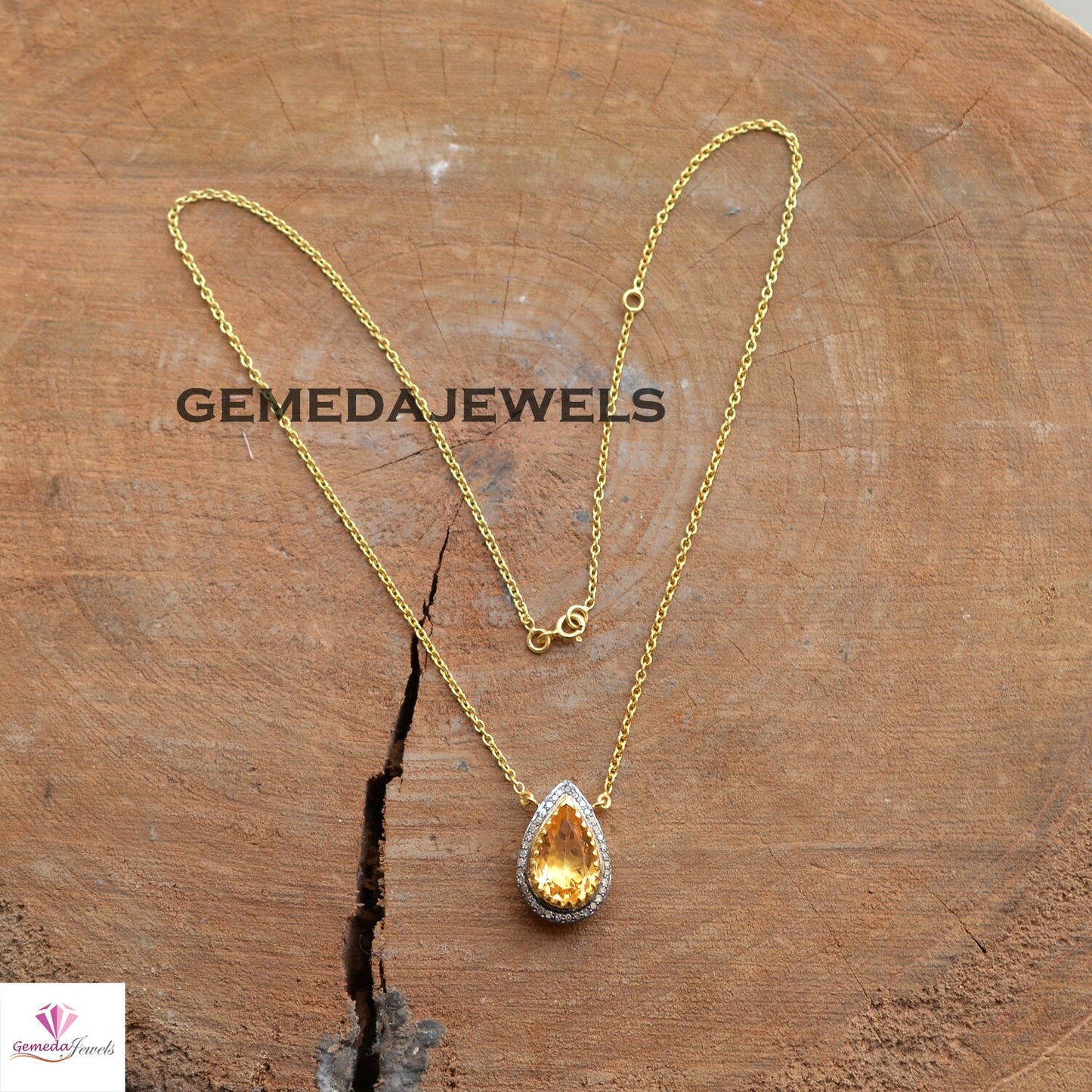 Citrine Charm Pendant, Pave Diamond Jewelry, 925 Silver Jewelry, 14k Gold Plated 18" Link Chain Necklace, Gemstone Jewelry, Gift For her