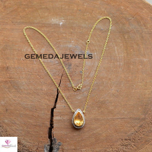 Citrine Charm Pendant, Pave Diamond Jewelry, 925 Silver Jewelry, 14k Gold Plated 18" Link Chain Necklace, Gemstone Jewelry, Gift For her