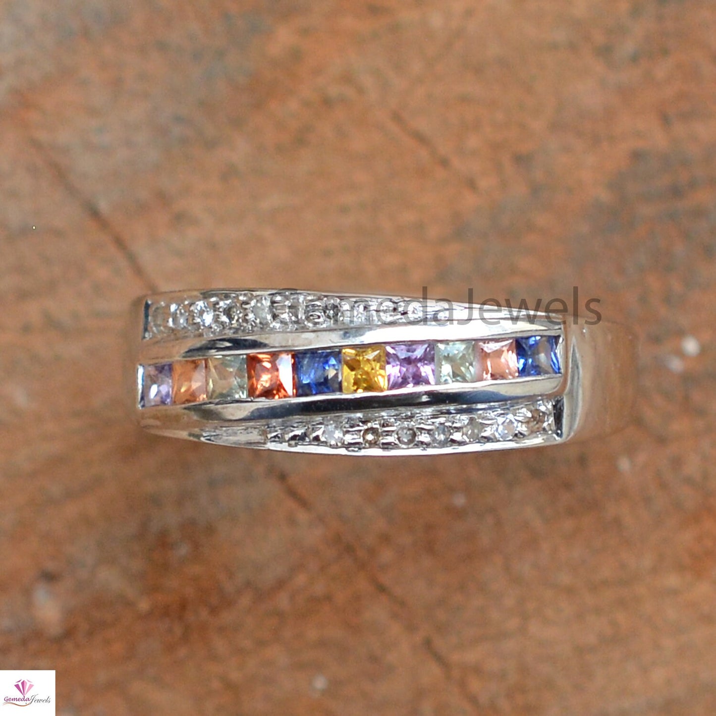 925 Sterling Silver Jewelry, Genuine Multi Sapphire Ring, Pave Diamond Band Ring, Stacking Ring, Gemstone Silver Jewelry, Valentine Day Gift