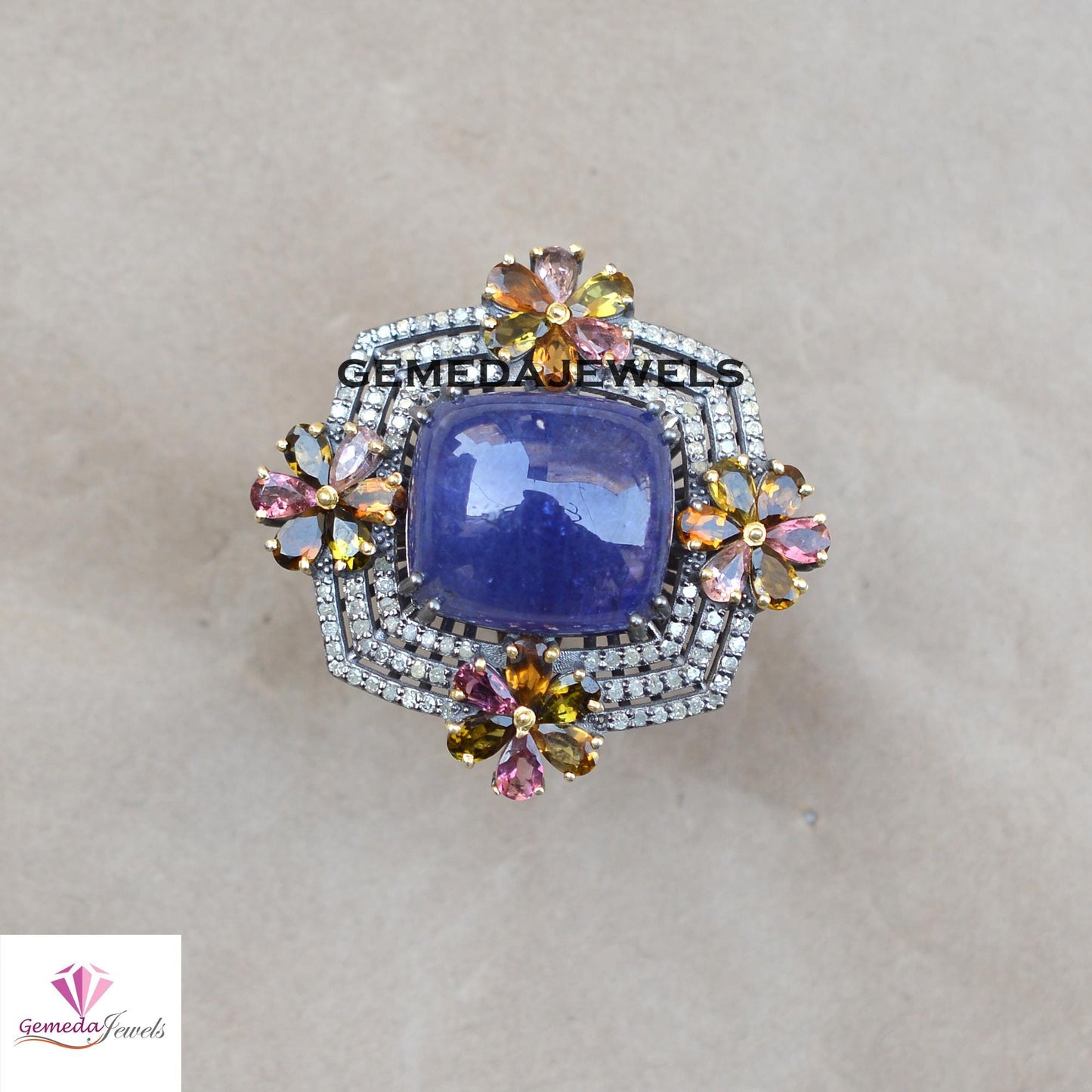 Natural Tanzanite Gemstone Jewelry Set, Tourmaline Gemstone Flower, Pave Diamond Silver Jewelry, Gemstone Ring Earrings Set, Wedding Jewelry