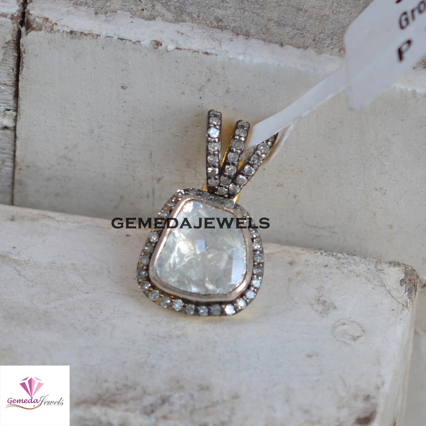 Classic Polki Diamond Pendant, 16" Link Chain Necklace, 925 Silver Jewelry, Gold Vermeil Pendant, Pave Diamond Pendant, Valentine's Day Gift