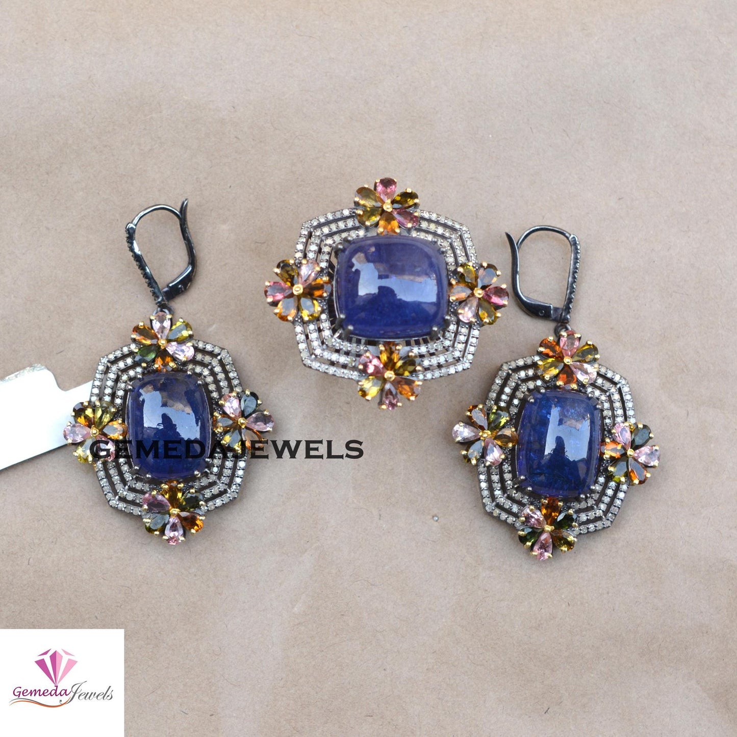 Natural Tanzanite Gemstone Jewelry Set, Tourmaline Gemstone Flower, Pave Diamond Silver Jewelry, Gemstone Ring Earrings Set, Wedding Jewelry
