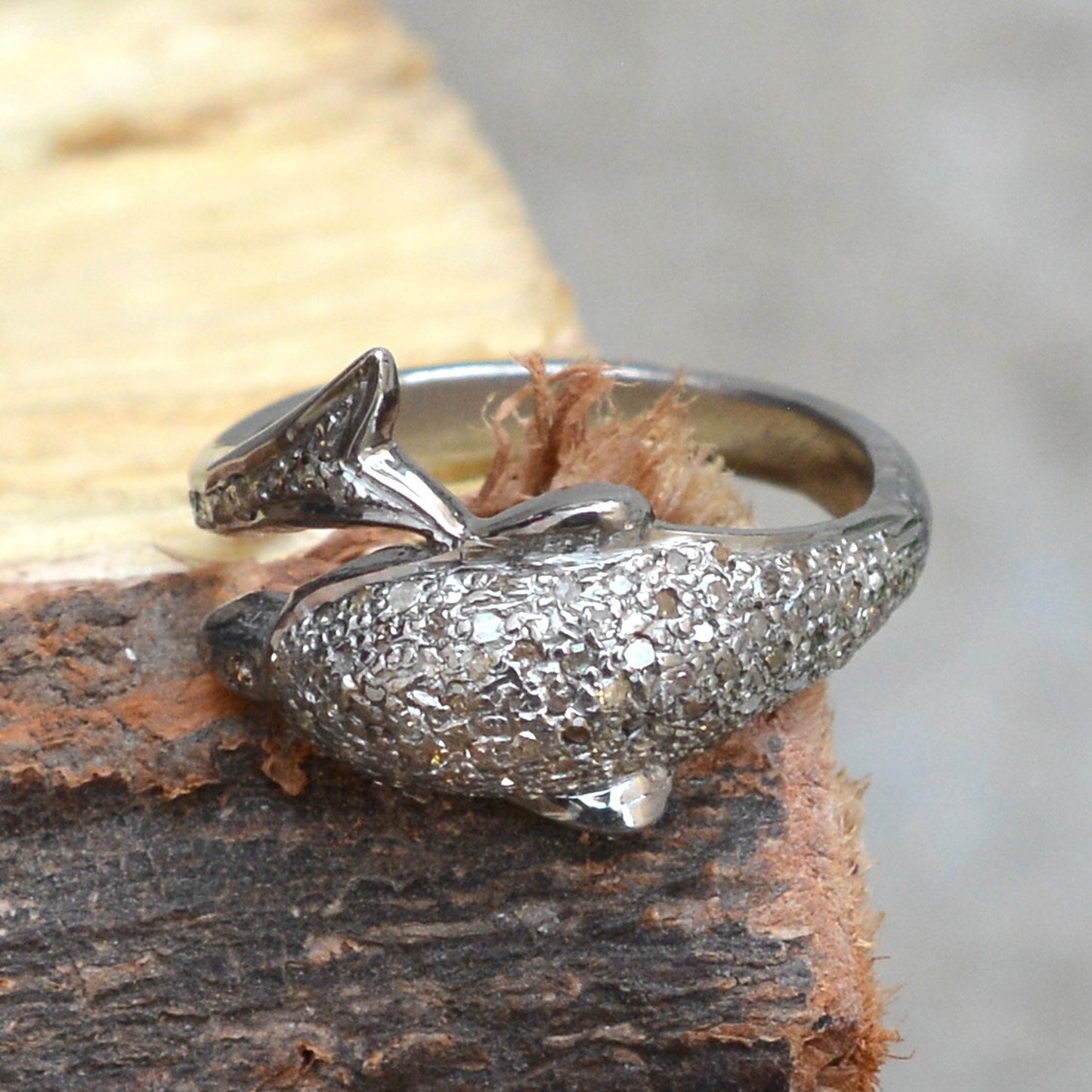 Natural Pave Diamond Dolphin Ring, Handmade Ring Jewelry, Pave Diamond Ring Jewelry, 925 Sterling Silver Ring, Animal Jewelry, Gift For her