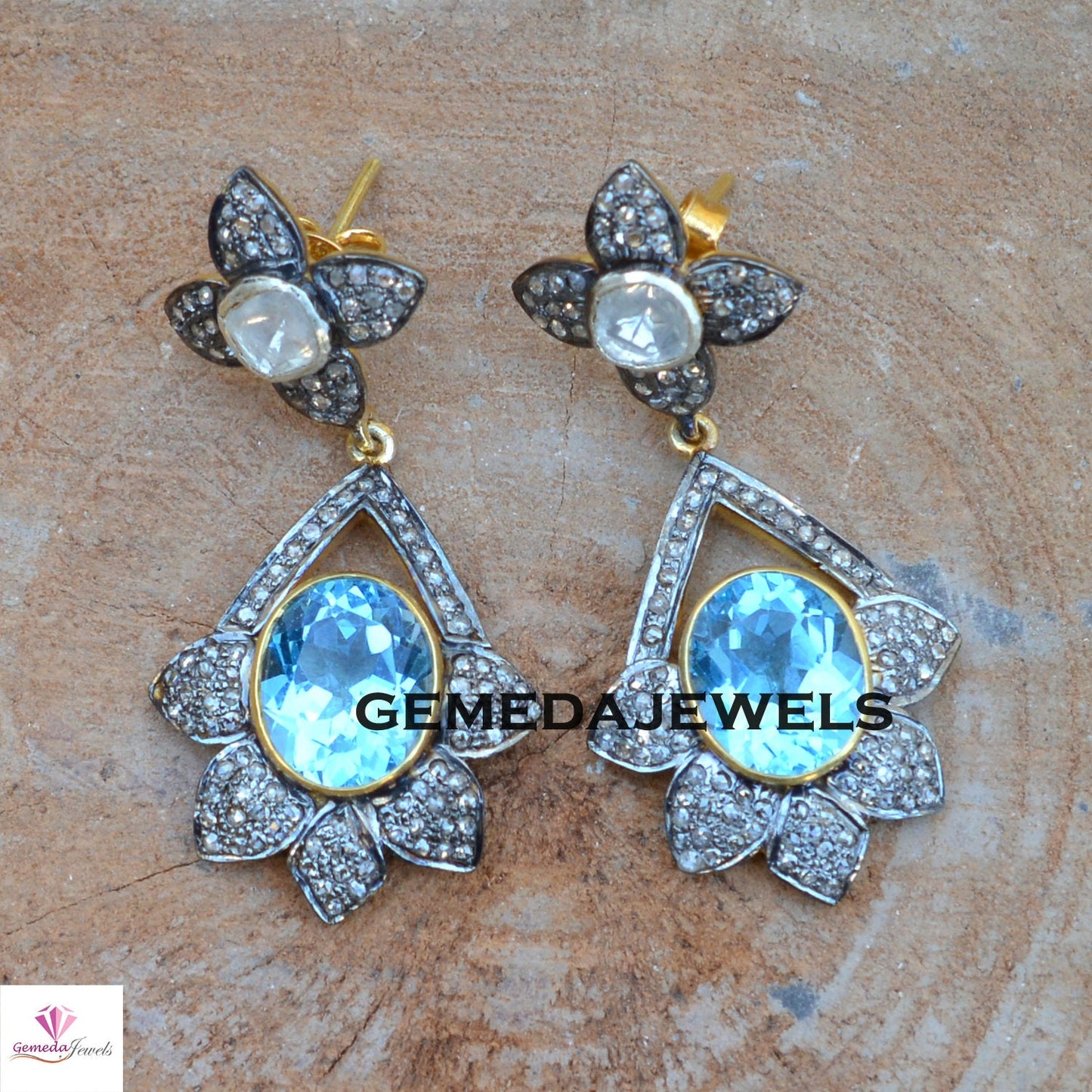 Blue Topaz Earrings, Polki Diamond Earrings, Pave Diamond Earring Jewelry, Flower Gemstone Jewelry, 925 Silver Earrings, Wedding Jewelry